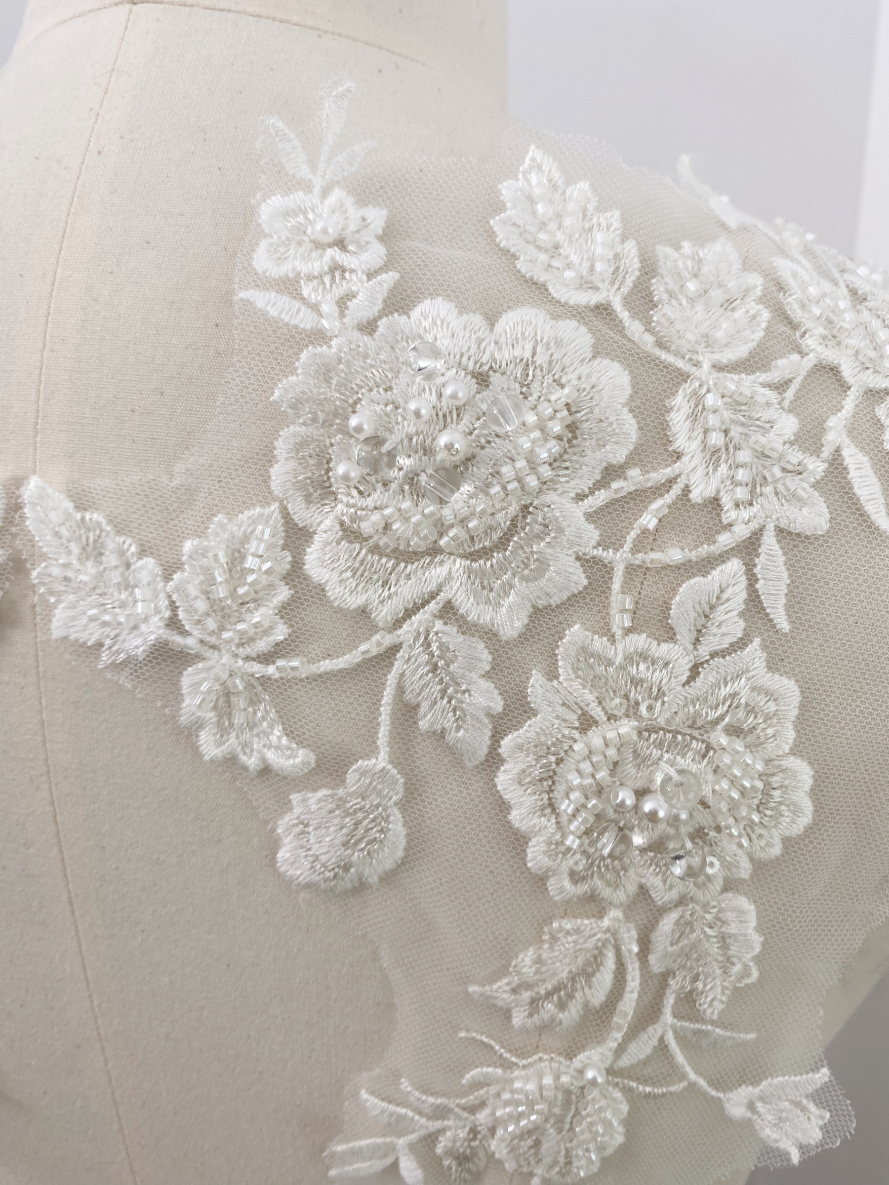 Ivory Handmade Beaded Bridal Lace Applique for Wedding Gown Bodice, Lace Veil, Couture Design, Floral Lace Trim, Wedding Dress Decor