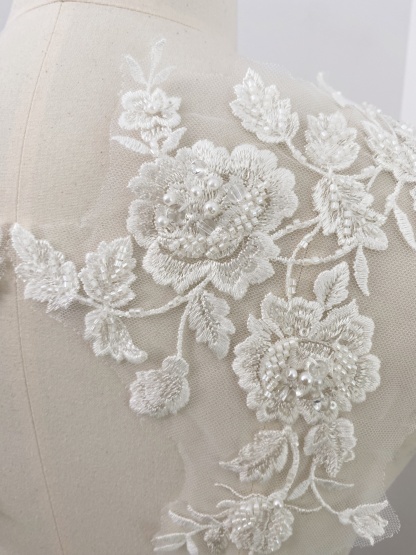 Ivory Handmade Beaded Bridal Lace Applique for Wedding Gown Bodice, Lace Veil, Couture Design, Floral Lace Trim, Wedding Dress Decor