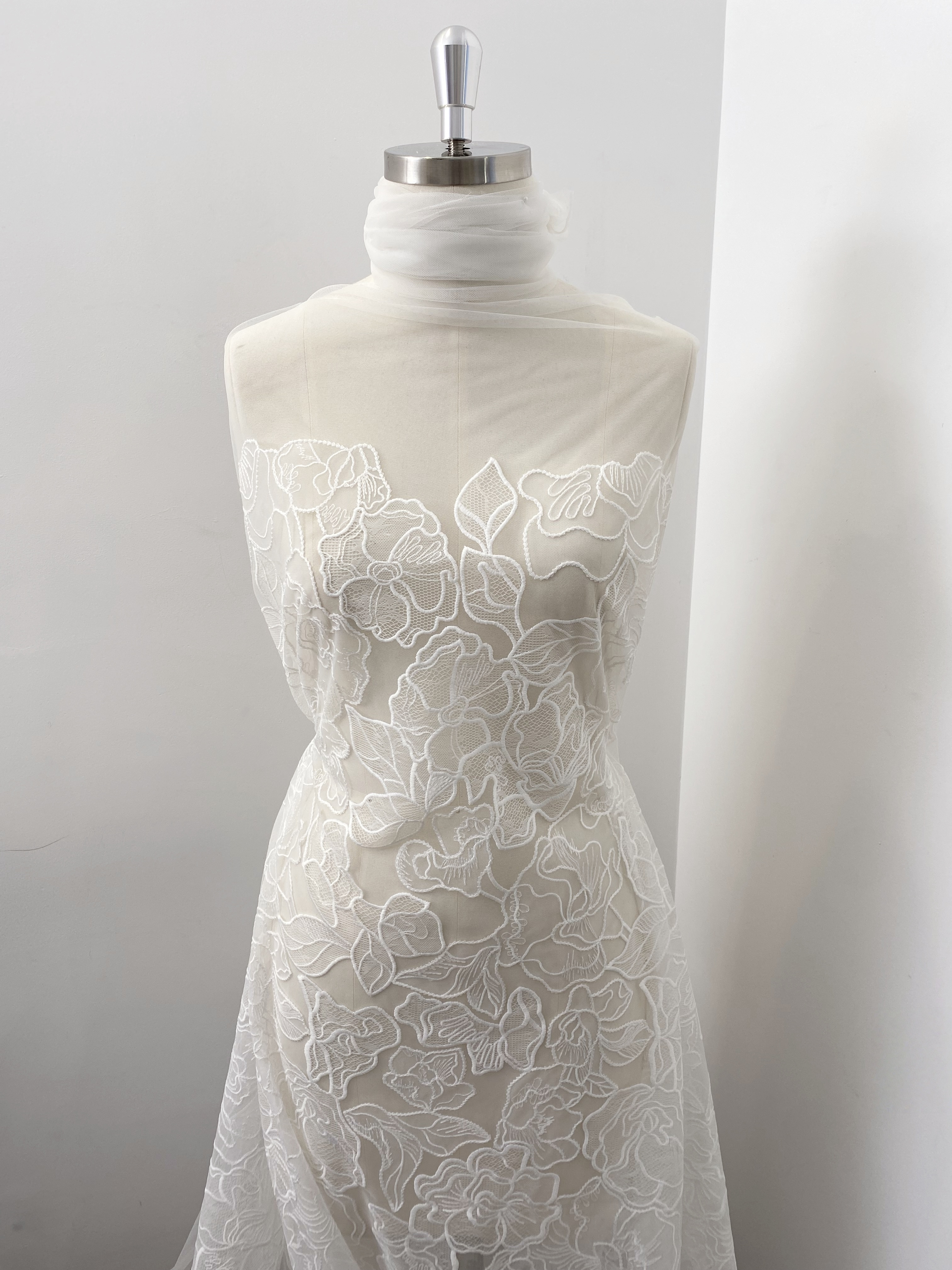 ExquisiteEmbroidery Floral Lace Fabric in Off White, Flowers Tulle Mesh Lace Fabric For Wedding Gown, Bridal Lace Fabric, by the yard