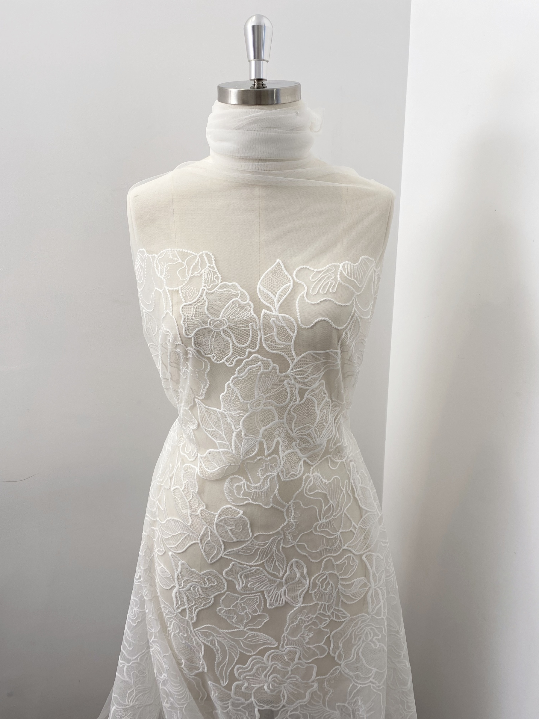 ExquisiteEmbroidery Floral Lace Fabric in Off White, Flowers Tulle Mesh Lace Fabric For Wedding Gown, Bridal Lace Fabric, by the yard