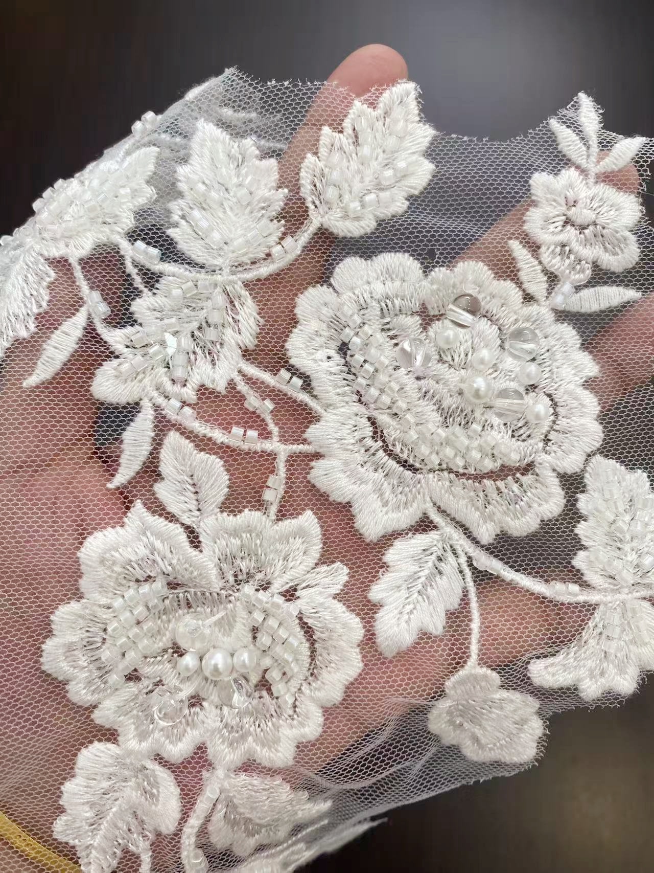 Ivory Handmade Beaded Bridal Lace Applique for Wedding Gown Bodice, Lace Veil, Couture Design, Floral Lace Trim, Wedding Dress Decor