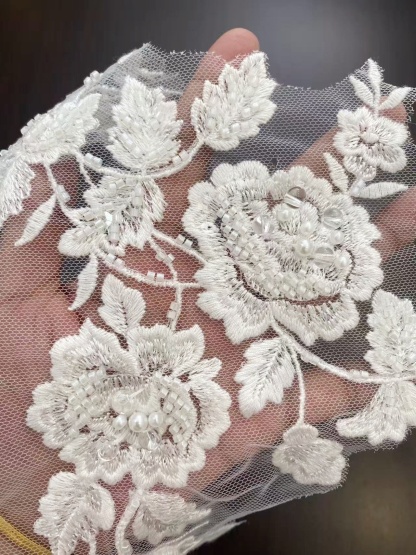 Ivory Handmade Beaded Bridal Lace Applique for Wedding Gown Bodice, Lace Veil, Couture Design, Floral Lace Trim, Wedding Dress Decor