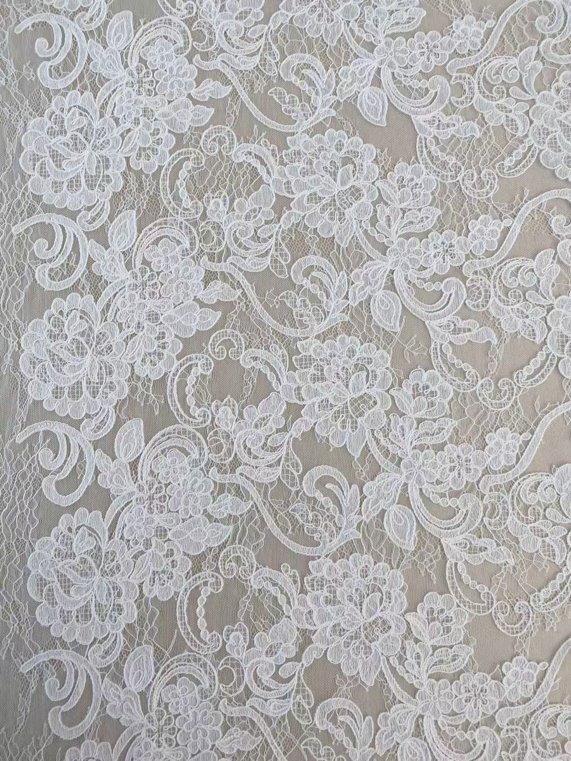 Ivory Floral Corded Lace Fabric, Embroidered Lace by the Yard for Wedding Dress, Veil, Overlay, Train, DIY Projects, Gown Inserts, Decor