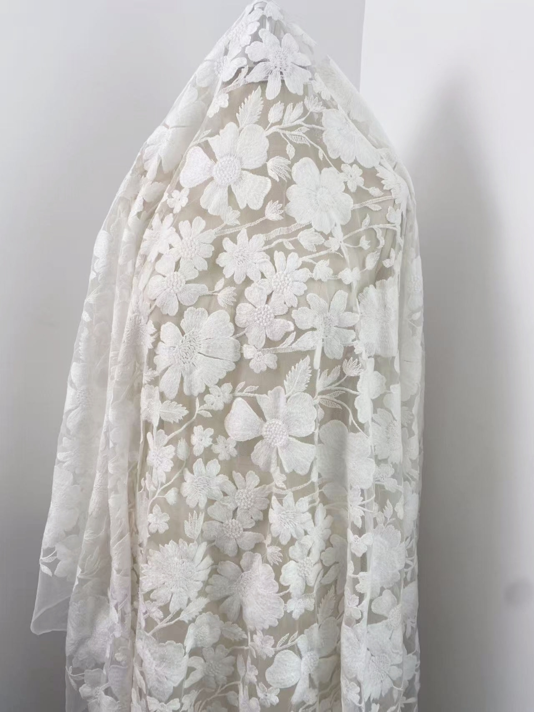 Ivory Floral Embroidery Lace Fabric by yard, Bridal Dress Lace tulle for DIY sewing, Designer Dressmaking Supplies, Wedding Craft material