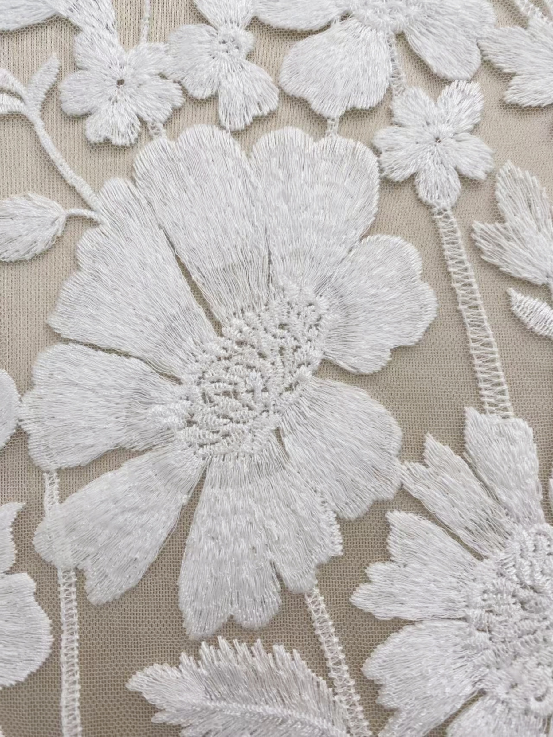 Ivory Floral Embroidery Lace Fabric by yard, Bridal Dress Lace tulle for DIY sewing, Designer Dressmaking Supplies, Wedding Craft material