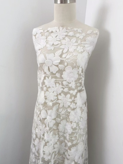 Ivory Floral Embroidery Lace Fabric by yard, Bridal Dress Lace tulle for DIY sewing, Designer Dressmaking Supplies, Wedding Craft material