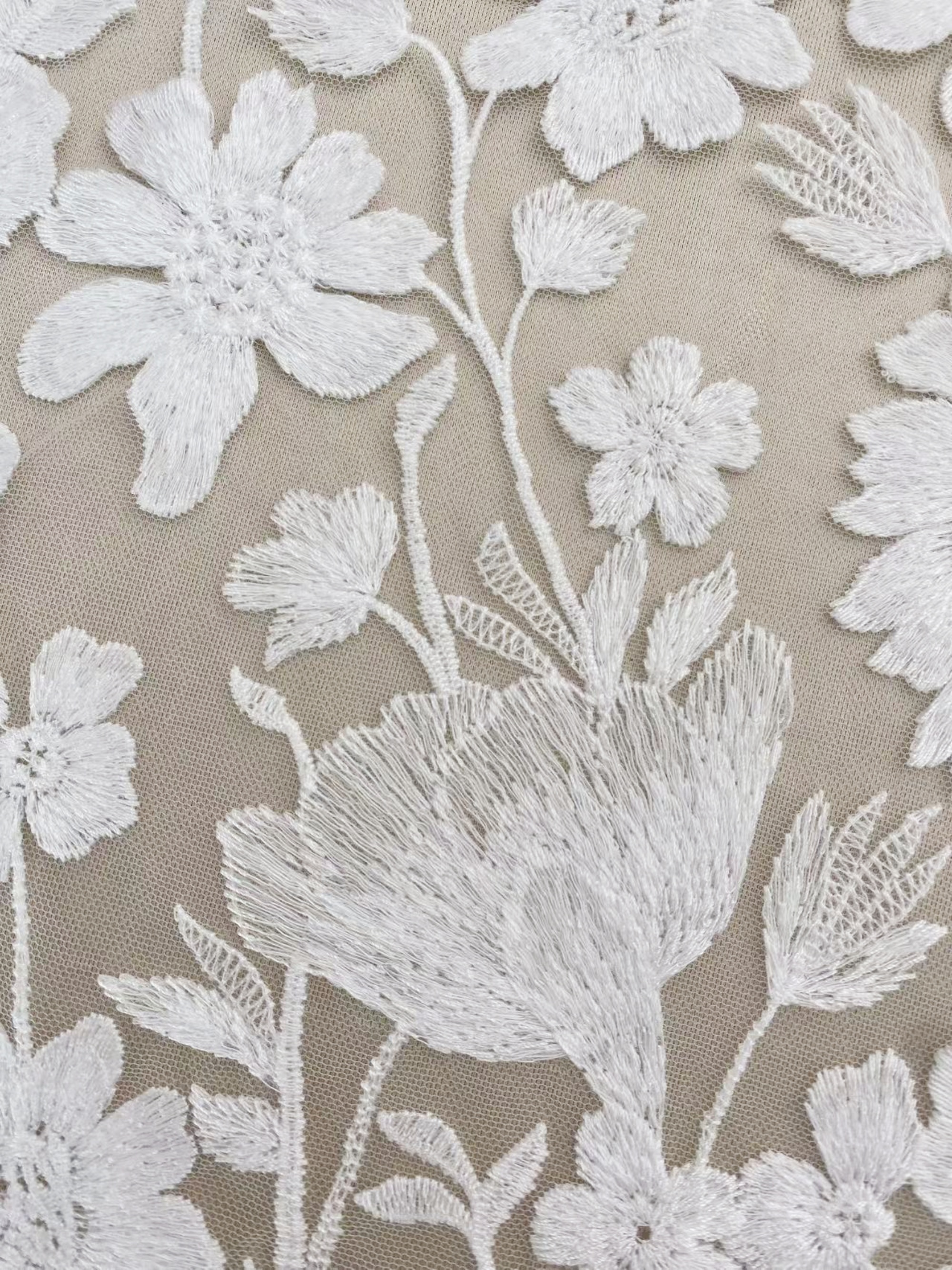 Ivory Floral Embroidery Lace Fabric by yard, Bridal Dress Lace tulle for DIY sewing, Designer Dressmaking Supplies, Wedding Craft material