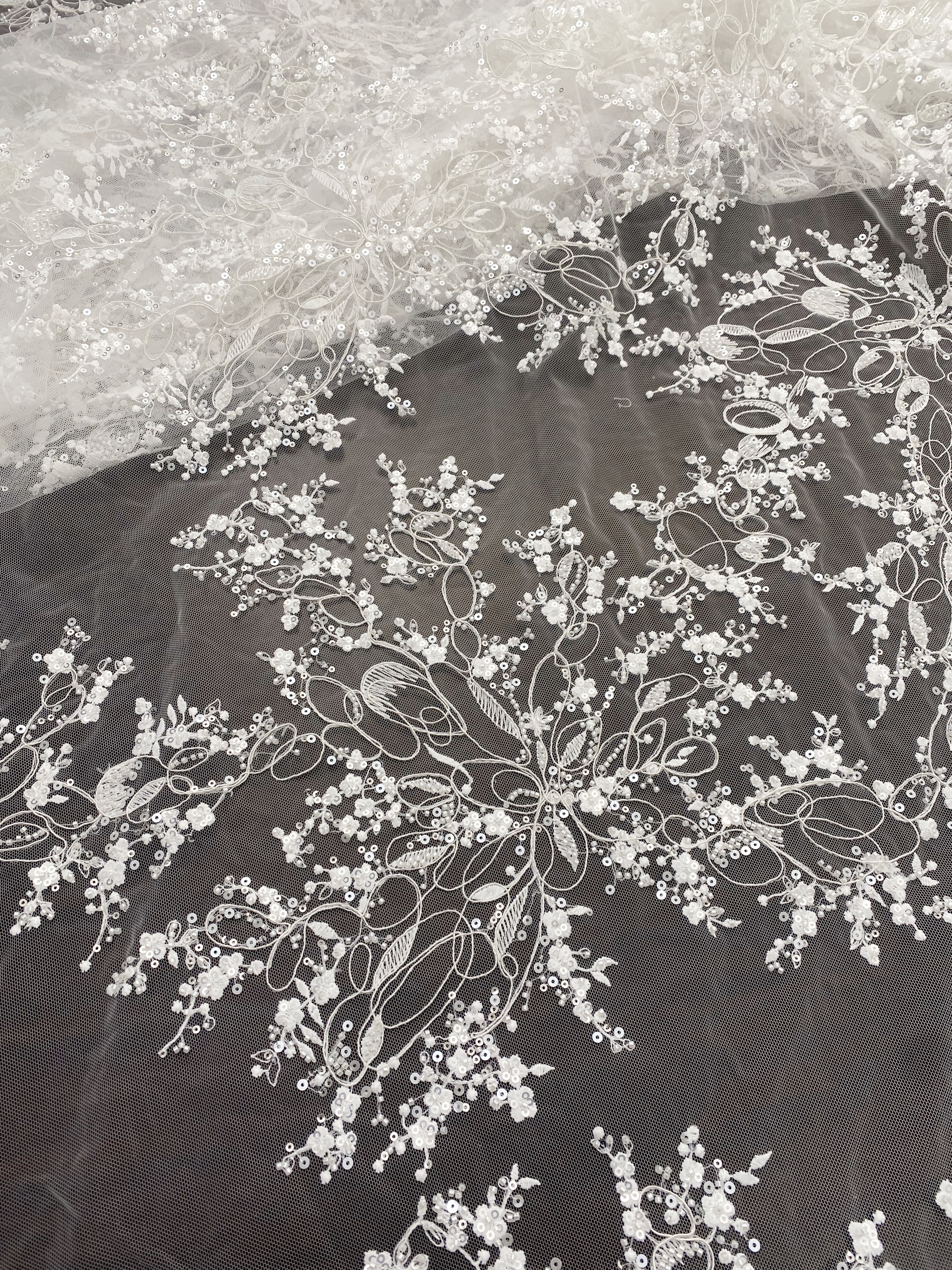 White Floral Beaded Lace Fabric by Yard, Embrodidery Corded Lace with Sequins, Bridal Lace for Wedding Gowns, Evening Dress