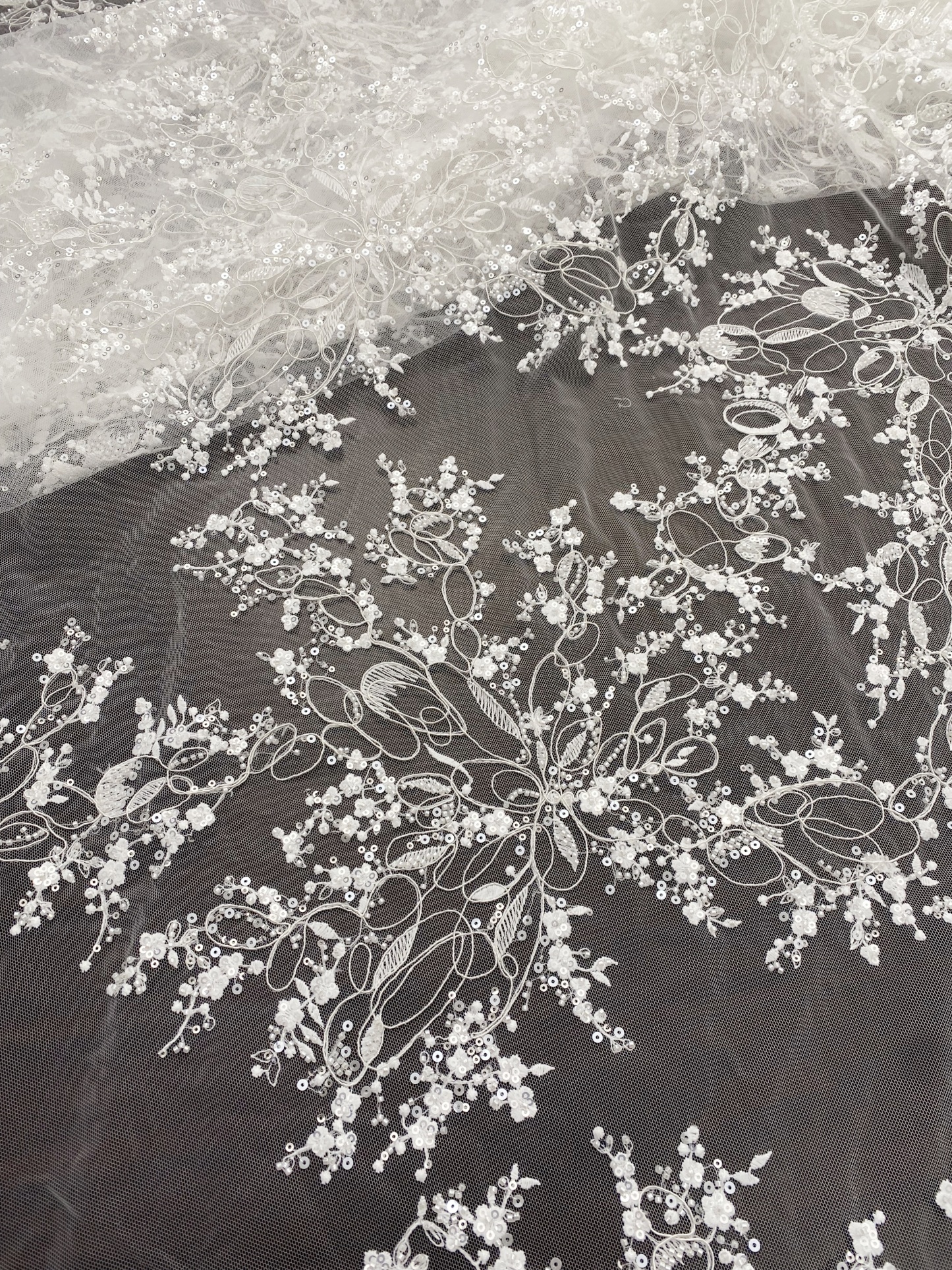 White Floral Beaded Lace Fabric by Yard, Embrodidery Corded Lace with Sequins, Bridal Lace for Wedding Gowns, Evening Dress