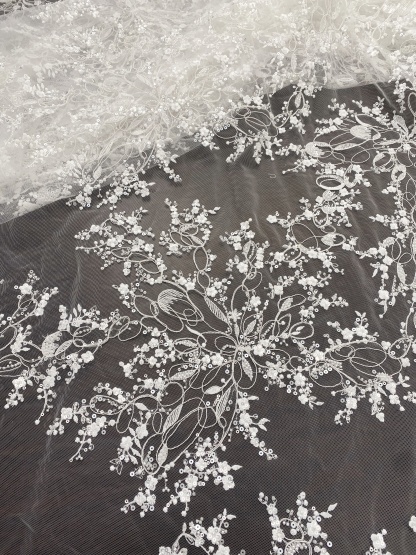 White Floral Beaded Lace Fabric by Yard, Embrodidery Corded Lace with Sequins, Bridal Lace for Wedding Gowns, Evening Dress