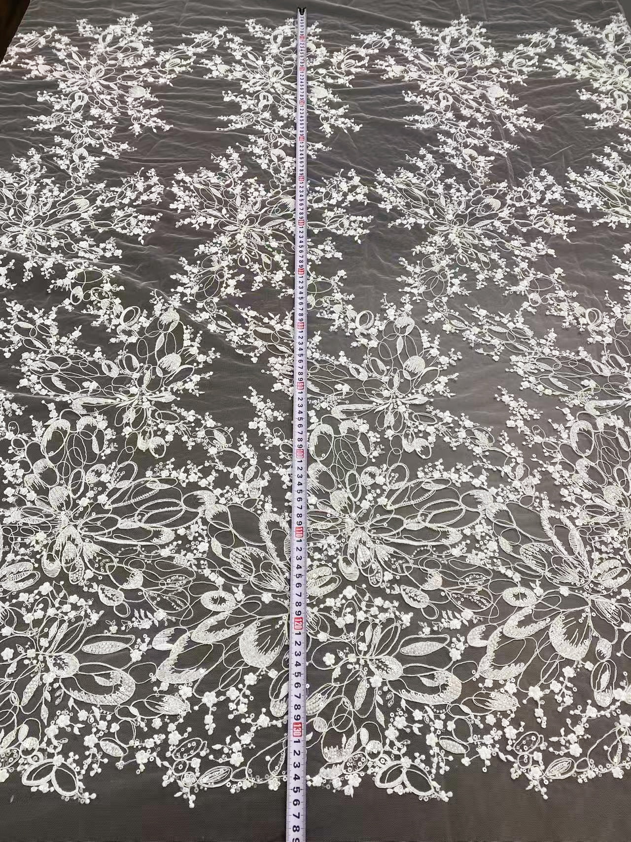 White Floral Beaded Lace Fabric by Yard, Embrodidery Corded Lace with Sequins, Bridal Lace for Wedding Gowns, Evening Dress
