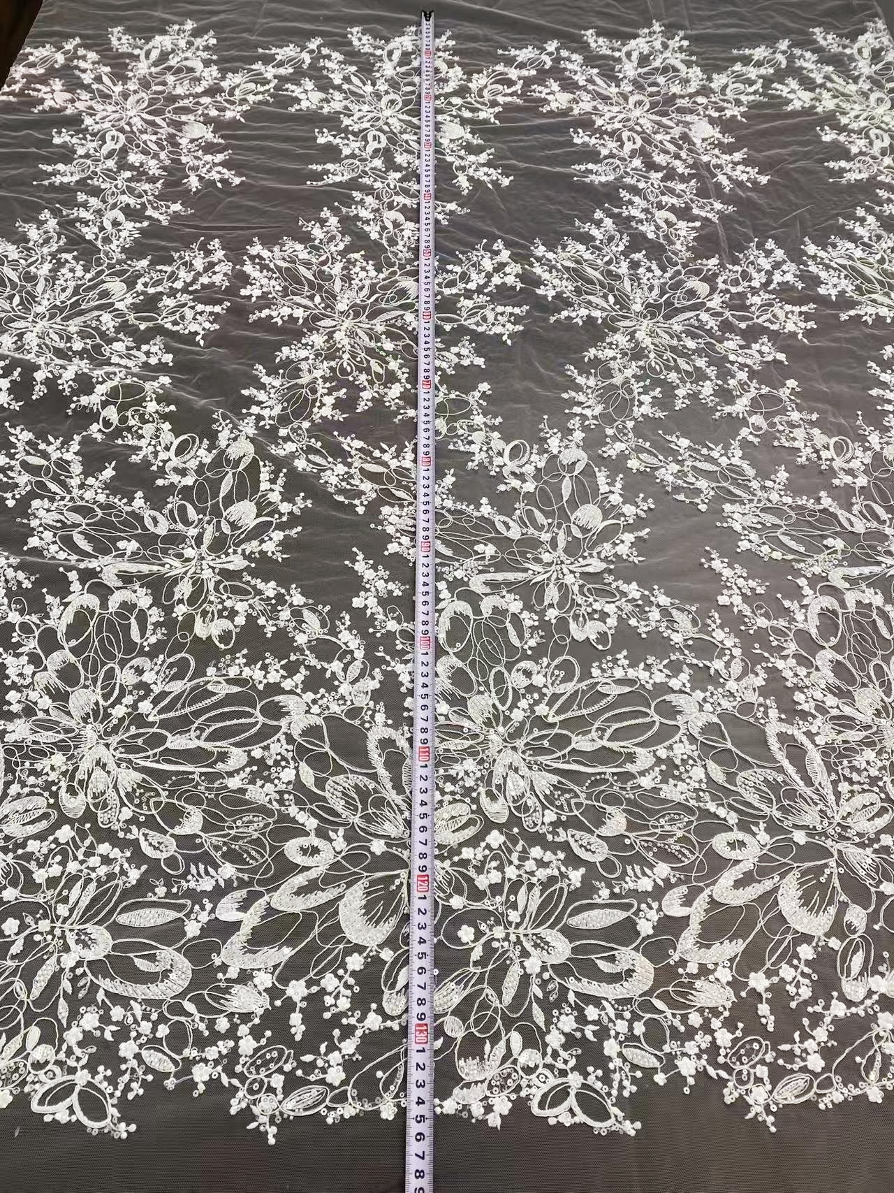 White Floral Beaded Lace Fabric by Yard, Embrodidery Corded Lace with Sequins, Bridal Lace for Wedding Gowns, Evening Dress