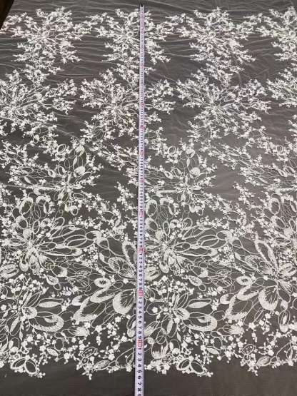 White Floral Beaded Lace Fabric by Yard, Embrodidery Corded Lace with Sequins, Bridal Lace for Wedding Gowns, Evening Dress