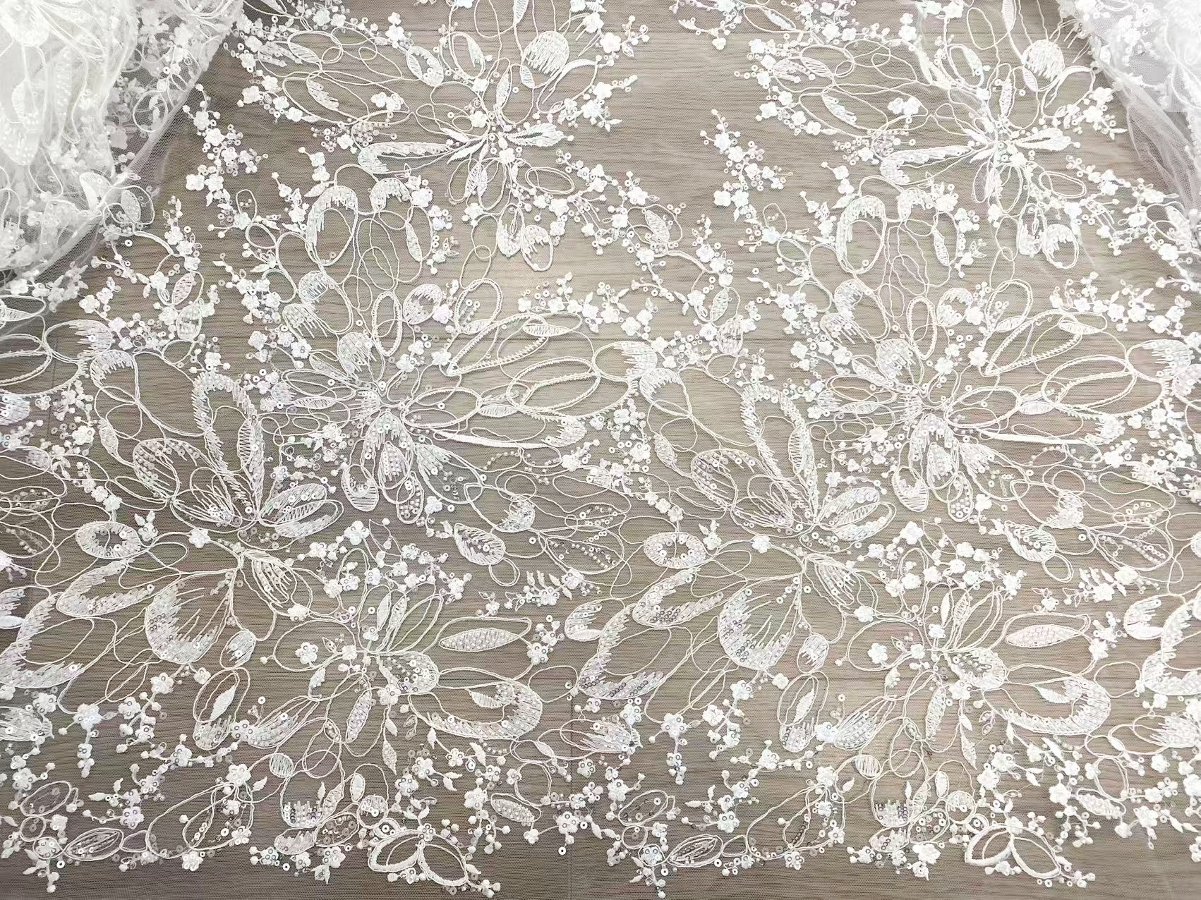 White Floral Beaded Lace Fabric by Yard, Embrodidery Corded Lace with Sequins, Bridal Lace for Wedding Gowns, Evening Dress