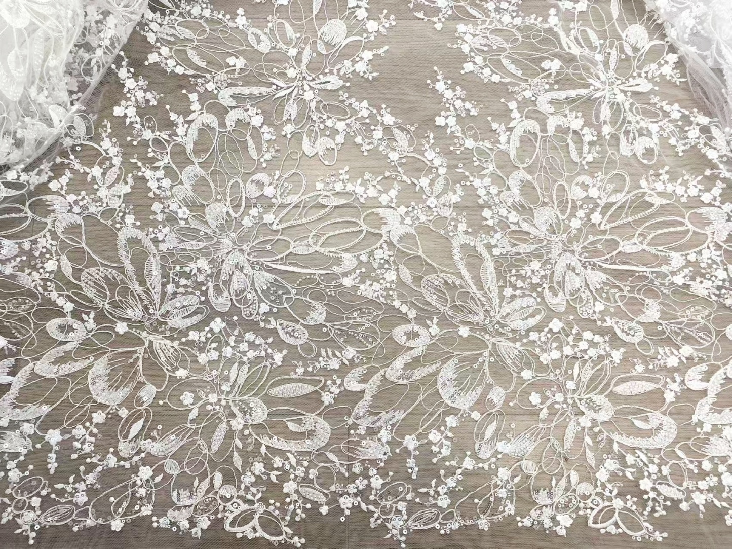 White Floral Beaded Lace Fabric by Yard, Embrodidery Corded Lace with Sequins, Bridal Lace for Wedding Gowns, Evening Dress