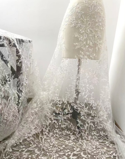 White Floral Beaded Lace Fabric by Yard, Embrodidery Corded Lace with Sequins, Bridal Lace for Wedding Gowns, Evening Dress