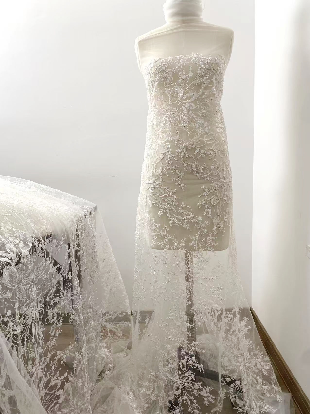White Floral Beaded Lace Fabric by Yard, Embrodidery Corded Lace with Sequins, Bridal Lace for Wedding Gowns, Evening Dress