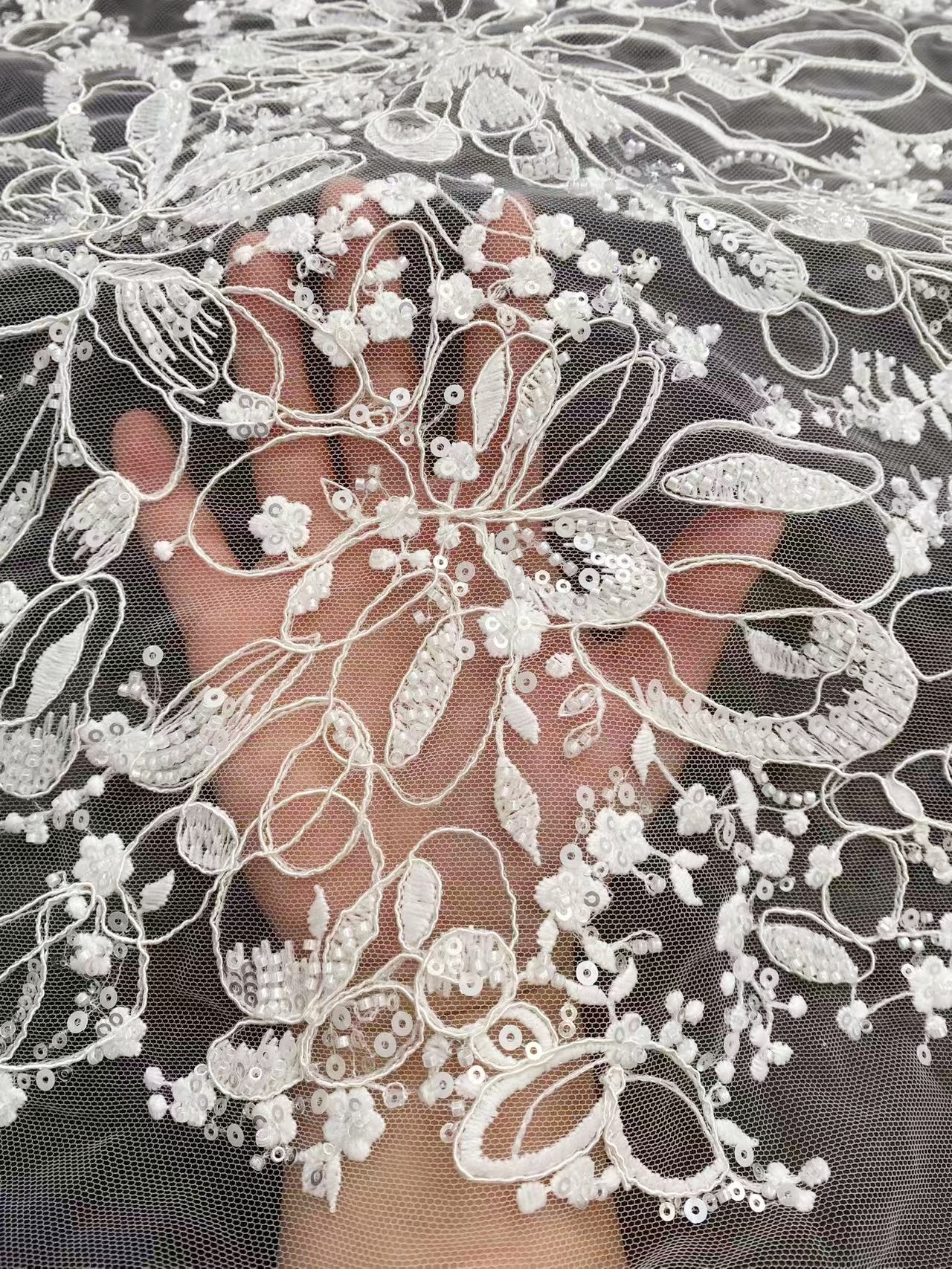 White Floral Beaded Lace Fabric by Yard, Embrodidery Corded Lace with Sequins, Bridal Lace for Wedding Gowns, Evening Dress