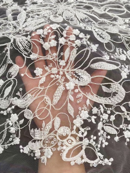 White Floral Beaded Lace Fabric by Yard, Embrodidery Corded Lace with Sequins, Bridal Lace for Wedding Gowns, Evening Dress