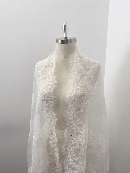 Off White Corded French Chantilly Lace,Floral Eyelash Scalloped Wedding Lace Fabric for Wedding Bridal Dresses, Veil, Gowns,Sold by 3 Meters
