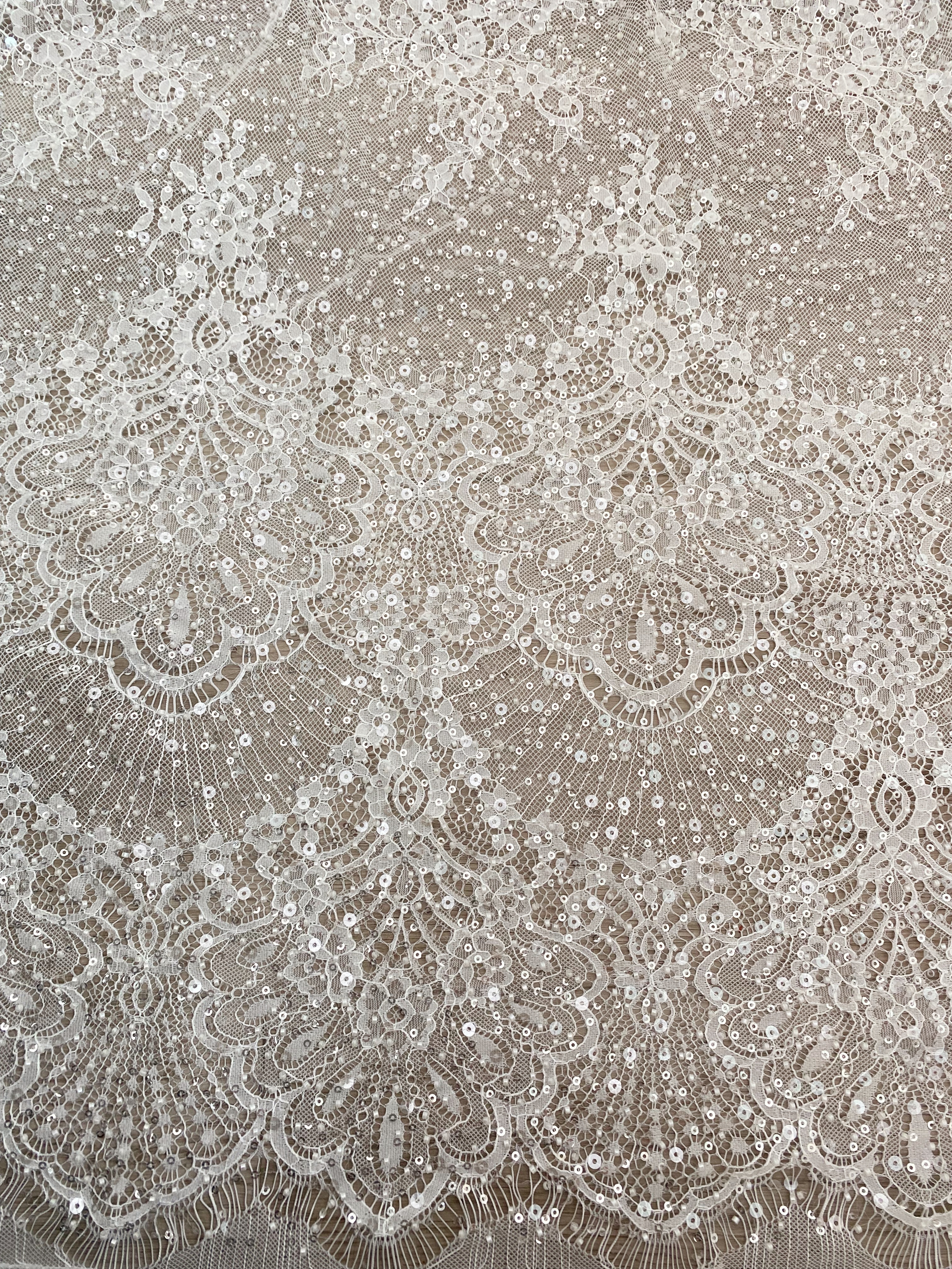 Beaded Chantilly Lace Fabric with Sequins, Floral Eyelash Lace for Bridal Dress Gown Veil,Double Scalloped Wedding Lace Material by 3 Meters
