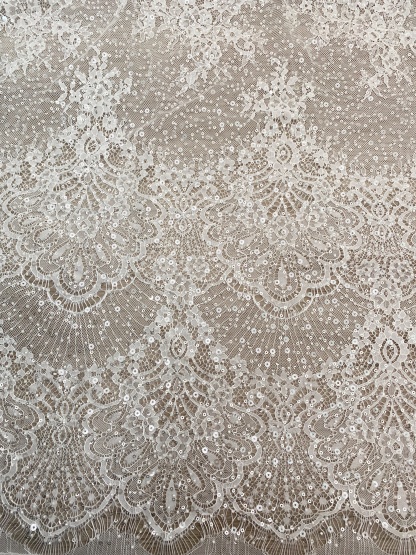 Beaded Chantilly Lace Fabric with Sequins, Floral Eyelash Lace for Bridal Dress Gown Veil,Double Scalloped Wedding Lace Material by 3 Meters
