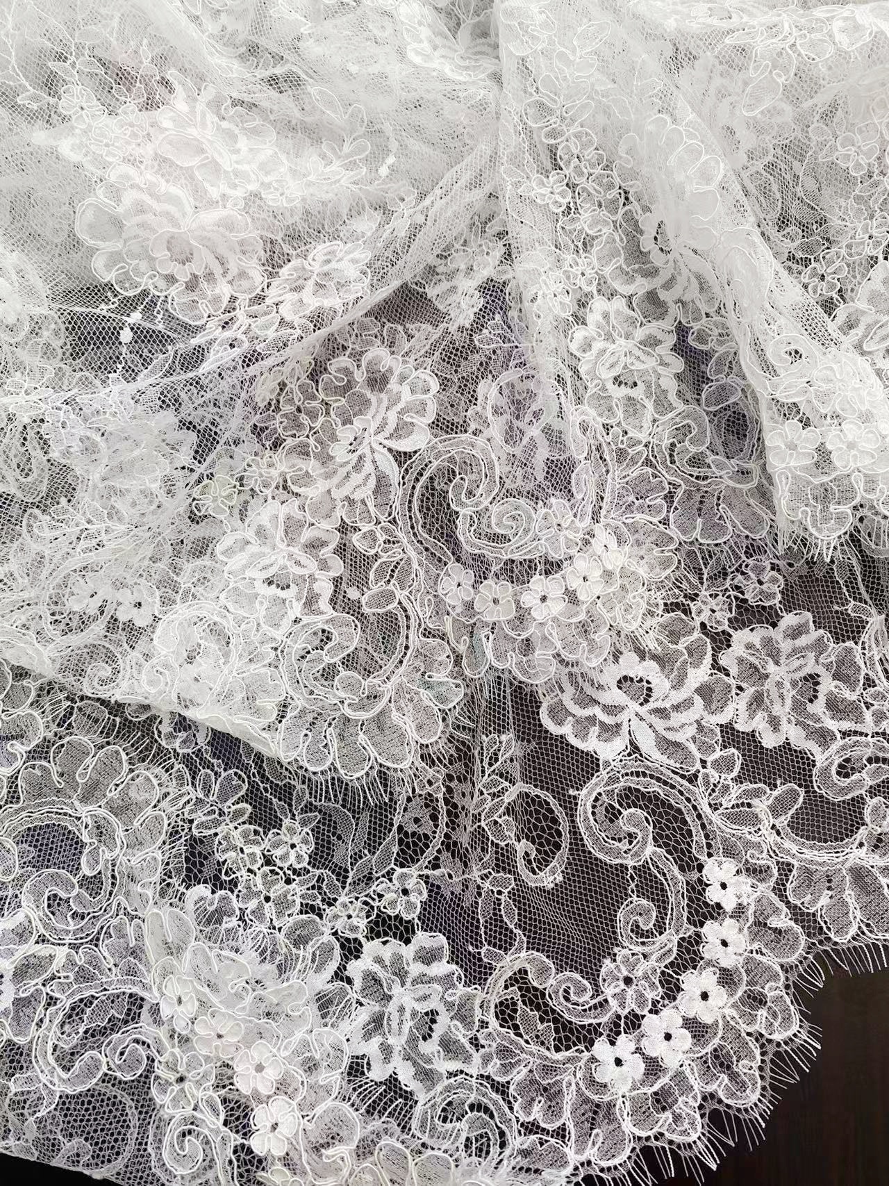 Off White Corded French Chantilly Lace,Floral Eyelash Scalloped Wedding Lace Fabric for Wedding Bridal Dresses, Veil, Gowns,Sold by 3 Meters