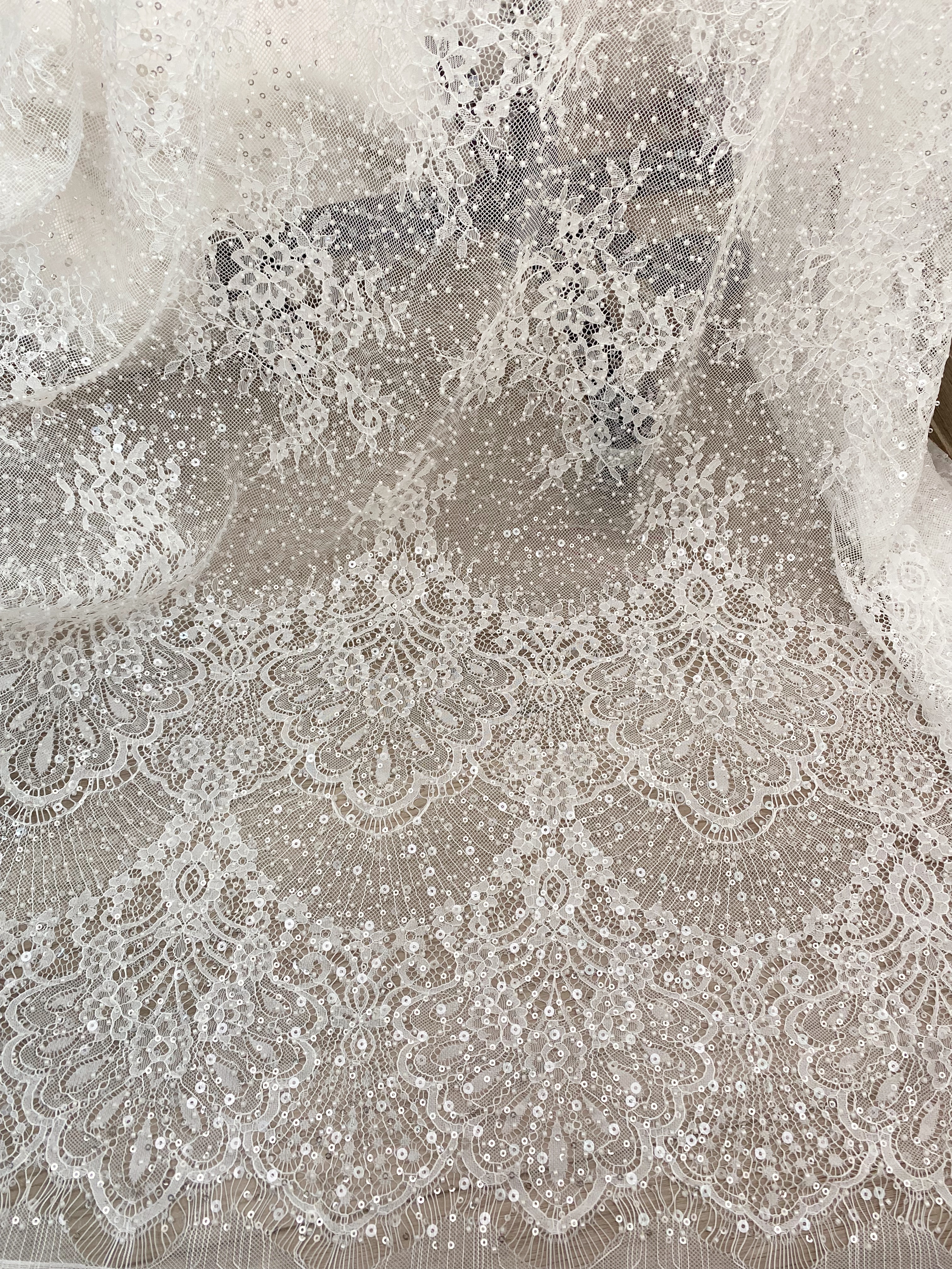 Beaded Chantilly Lace Fabric with Sequins, Floral Eyelash Lace for Bridal Dress Gown Veil,Double Scalloped Wedding Lace Material by 3 Meters