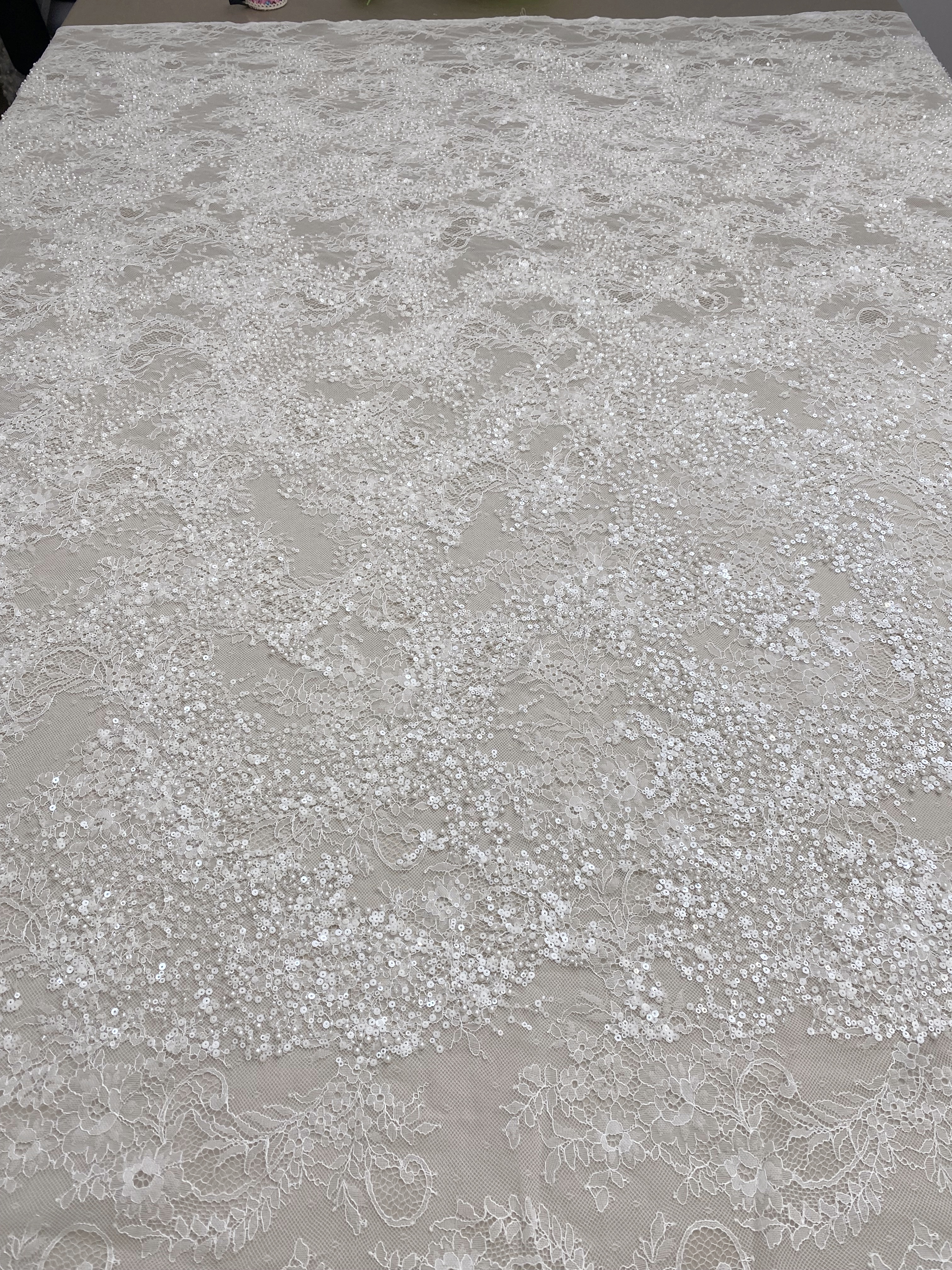 High Quality White Beaded Lace Fabric with Sequins, Embroidered Bridal Material for Dresses and Gowns, Houte Couture Fabric  