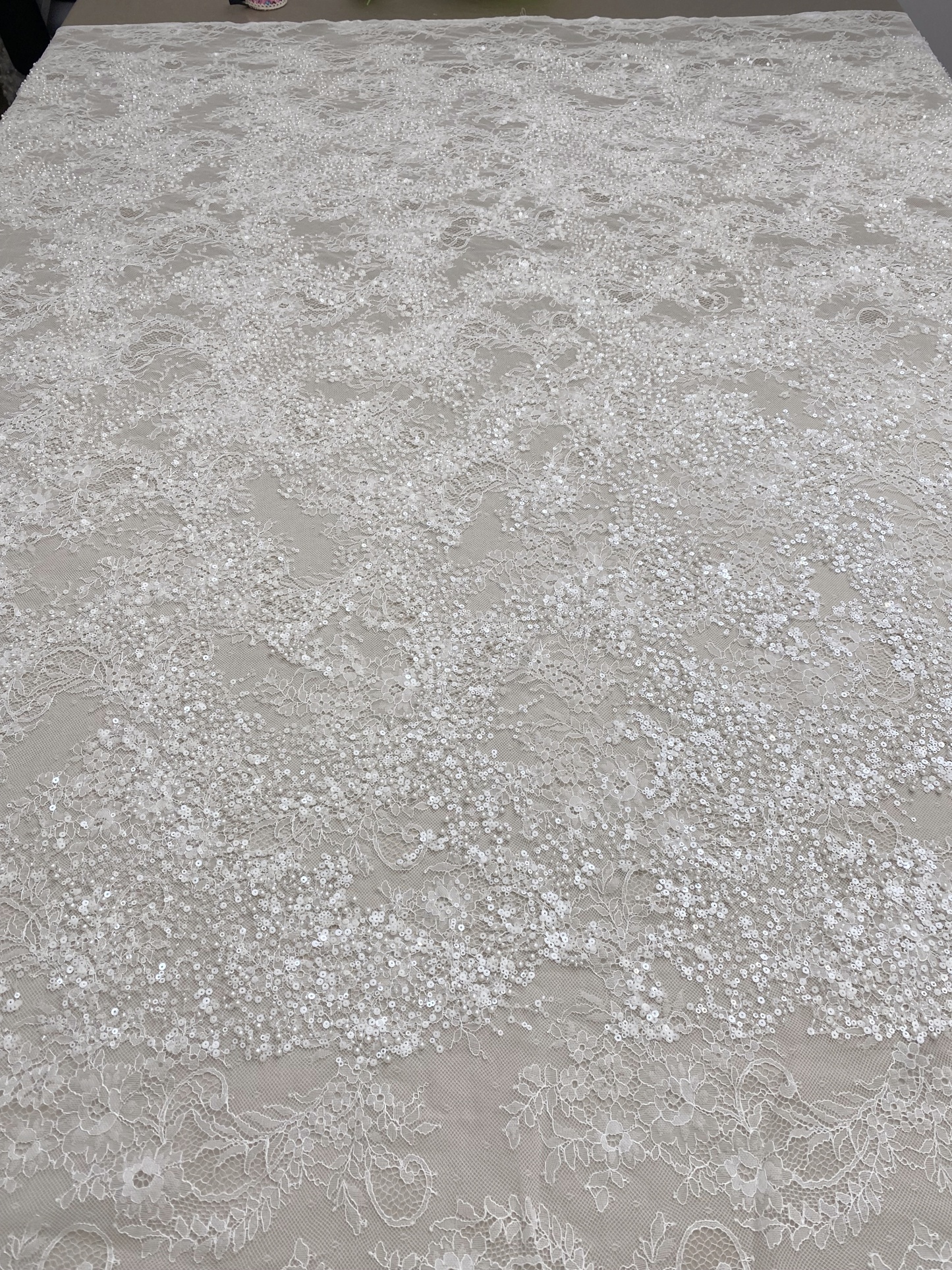 High Quality White Beaded Lace Fabric with Sequins, Embroidered Bridal Material for Dresses and Gowns, Houte Couture Fabric  