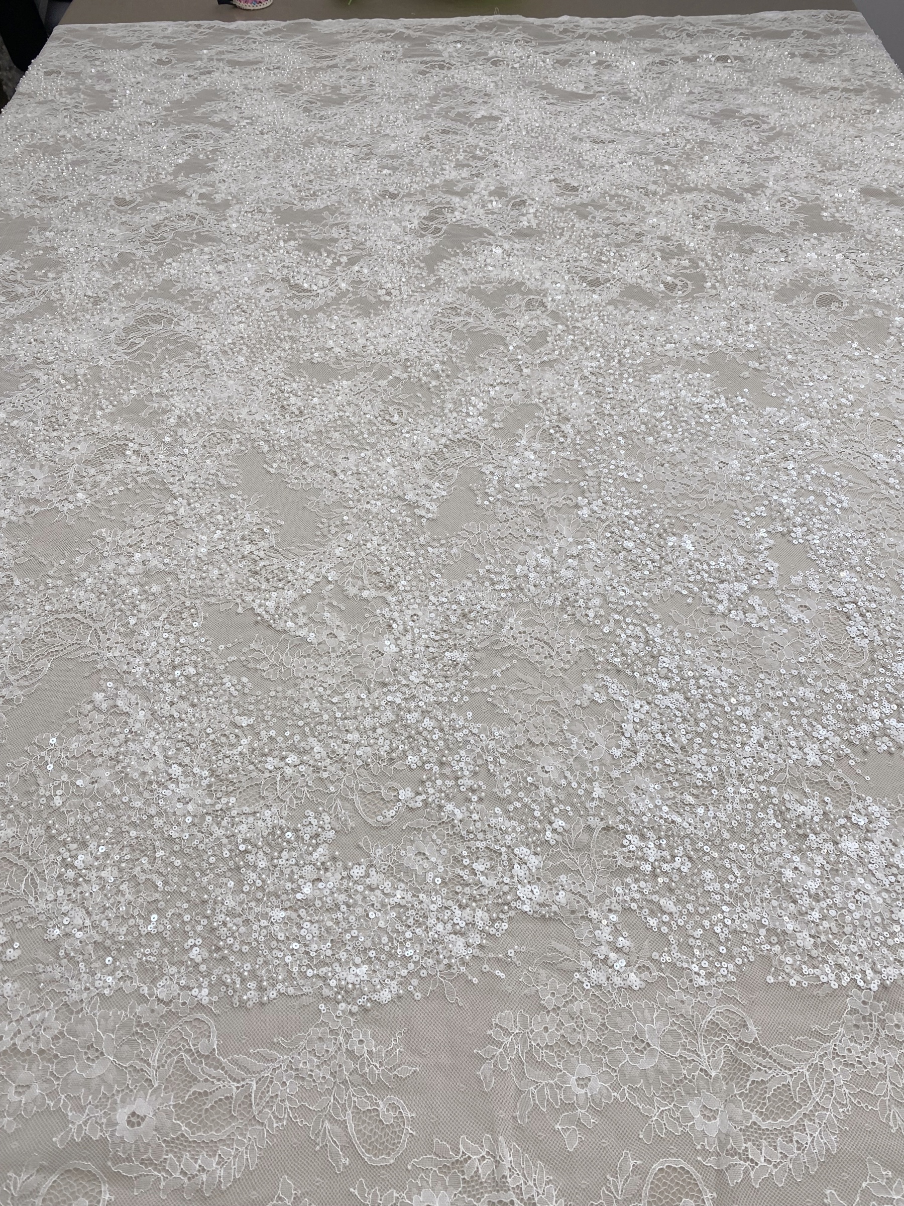 High Quality White Beaded Lace Fabric with Sequins, Embroidered Bridal Material for Dresses and Gowns, Houte Couture Fabric  