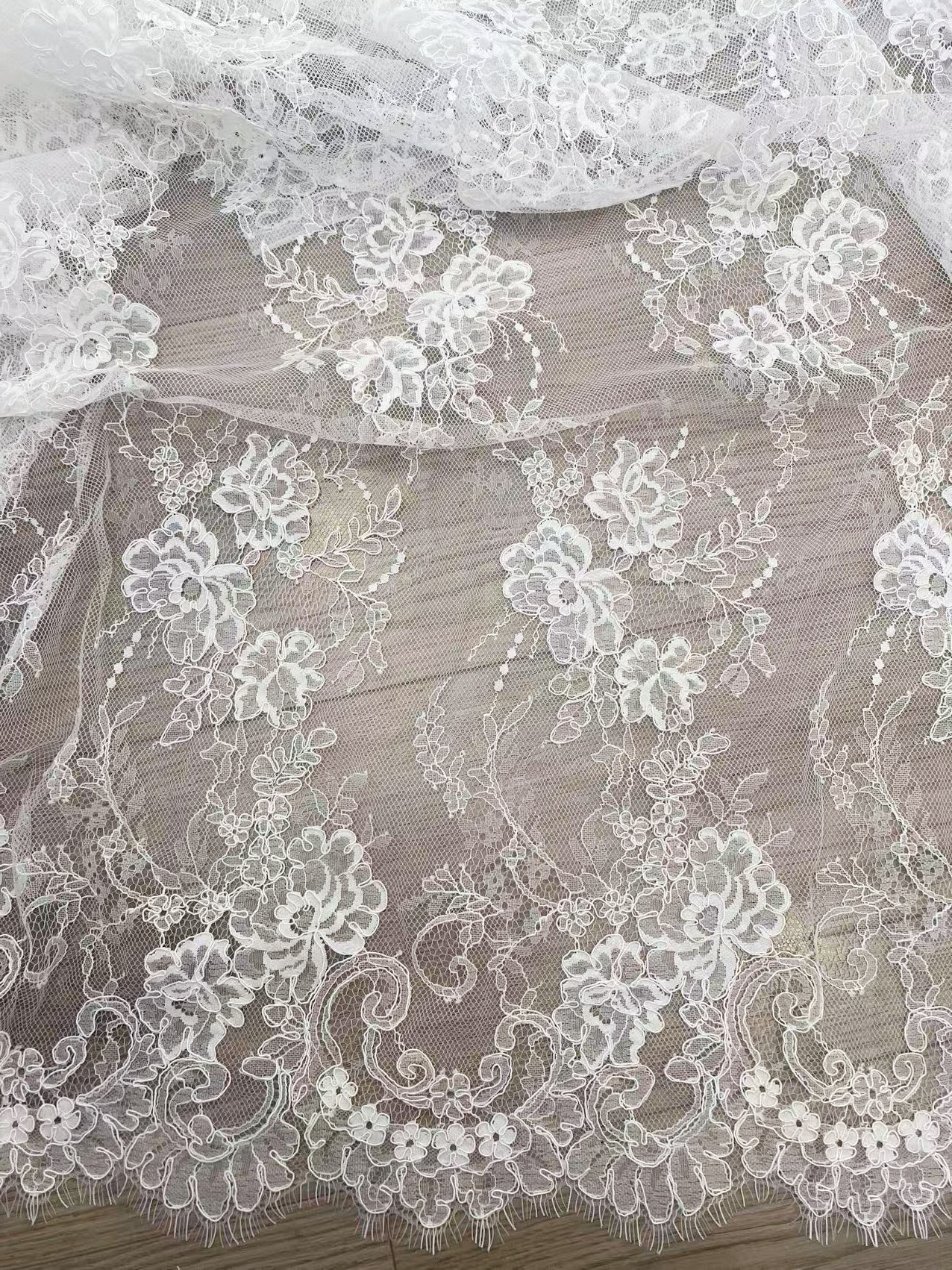 Off White Corded French Chantilly Lace,Floral Eyelash Scalloped Wedding Lace Fabric for Wedding Bridal Dresses, Veil, Gowns,Sold by 3 Meters