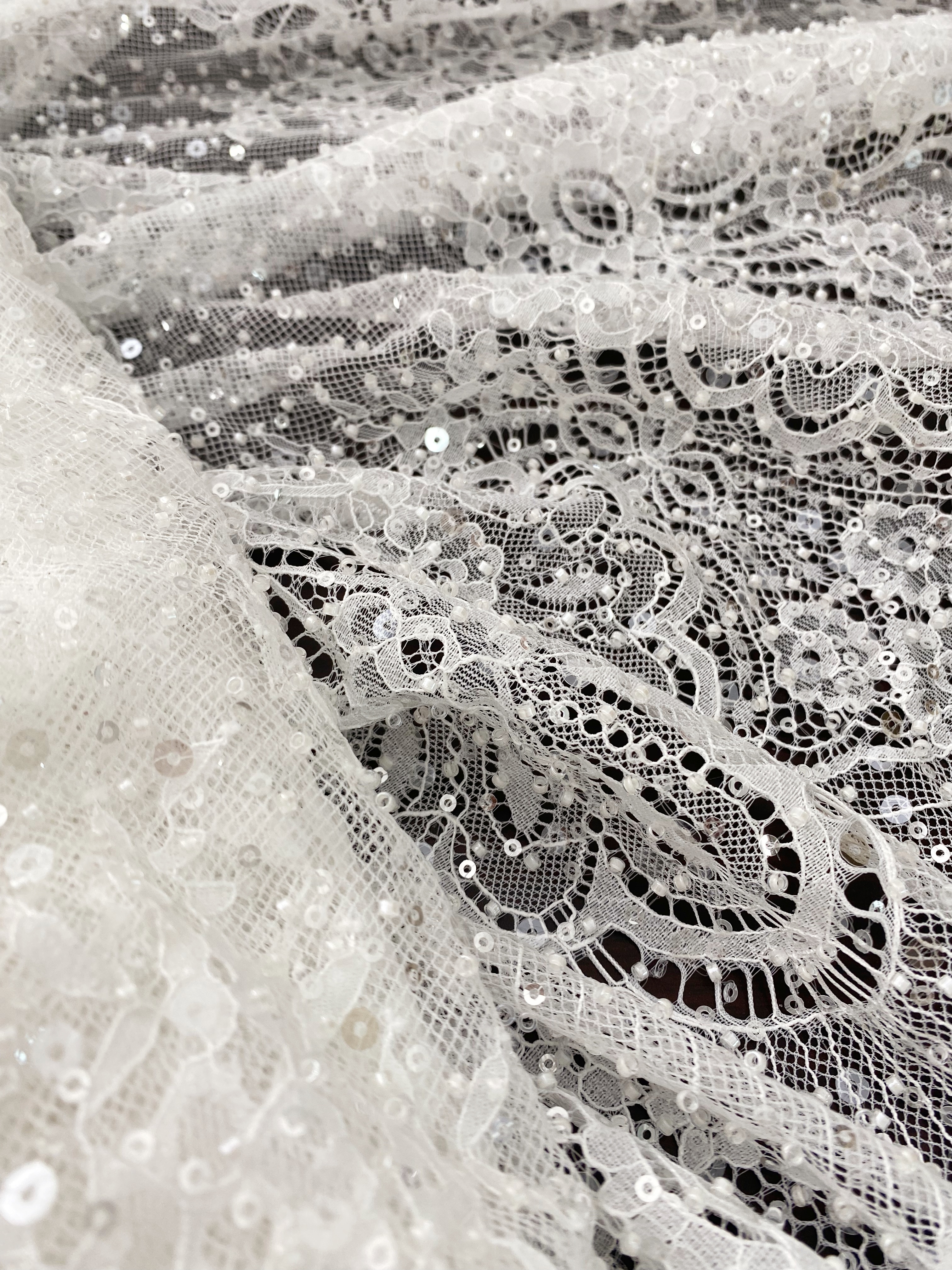 Beaded Chantilly Lace Fabric with Sequins, Floral Eyelash Lace for Bridal Dress Gown Veil,Double Scalloped Wedding Lace Material by 3 Meters