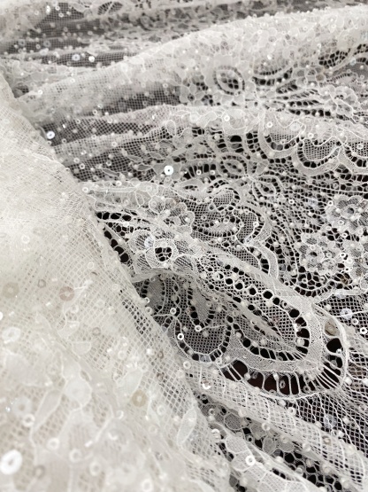 Beaded Chantilly Lace Fabric with Sequins, Floral Eyelash Lace for Bridal Dress Gown Veil,Double Scalloped Wedding Lace Material by 3 Meters