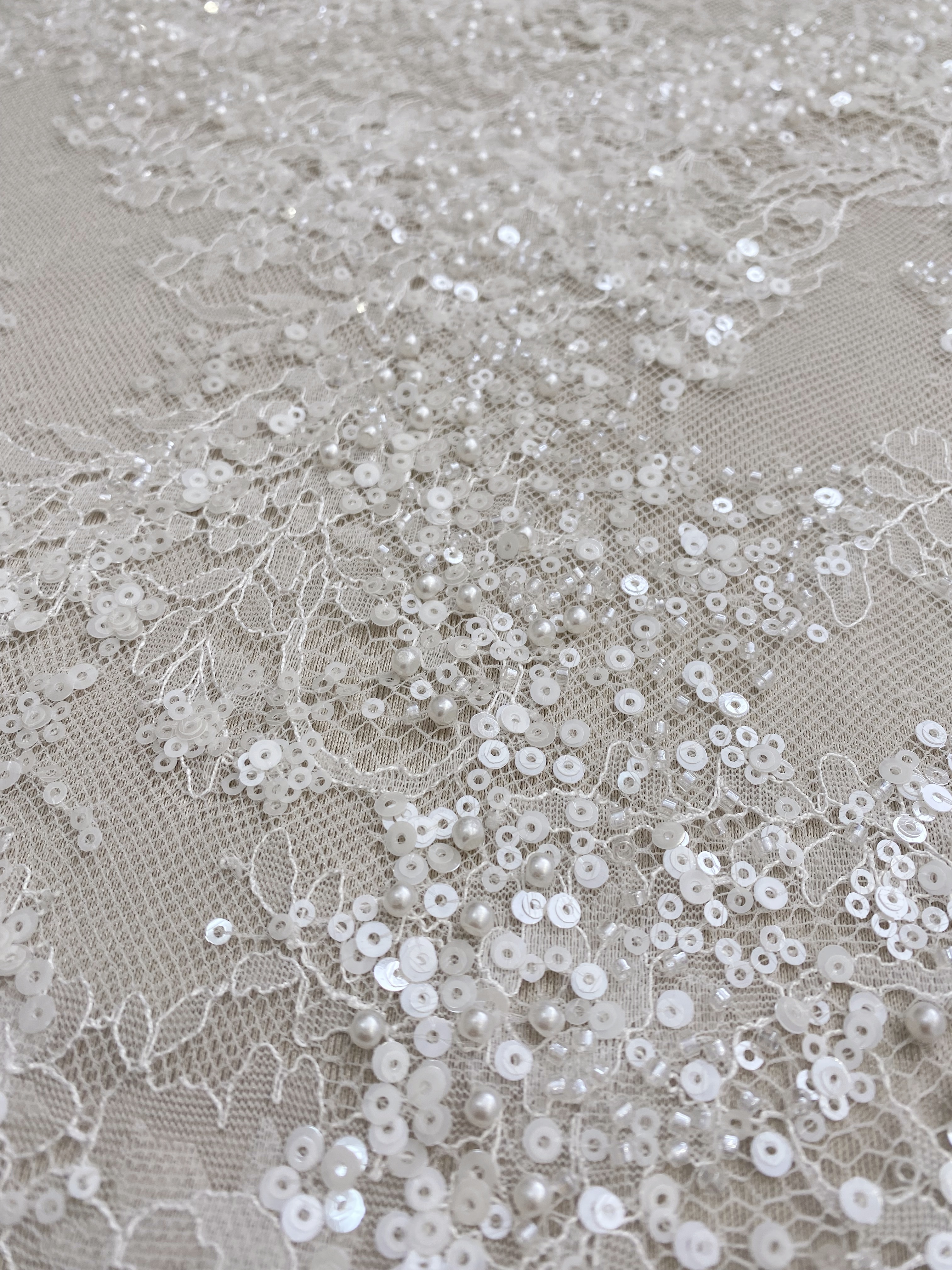 High Quality White Beaded Lace Fabric with Sequins, Embroidered Bridal Material for Dresses and Gowns, Houte Couture Fabric  