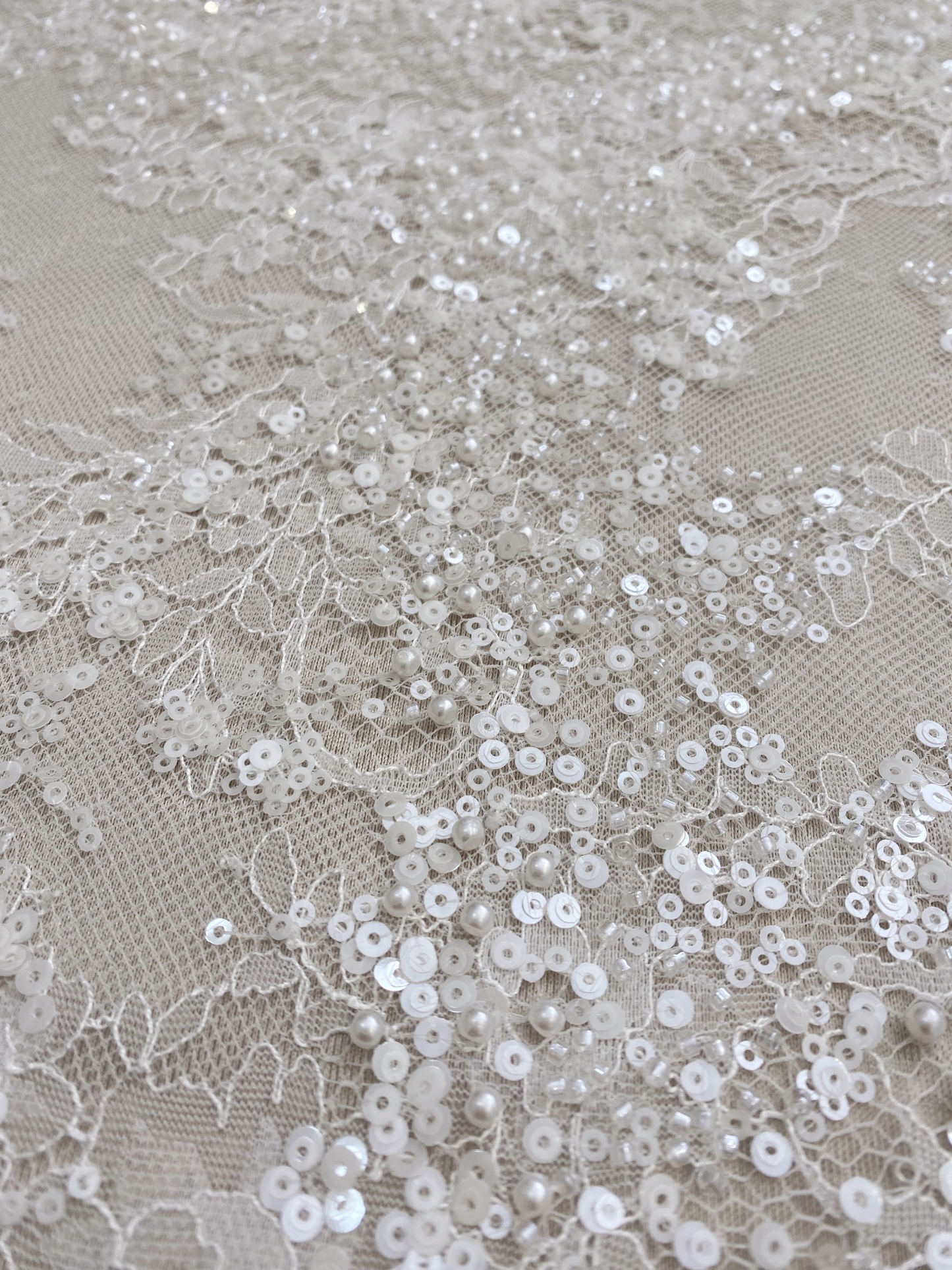 High Quality White Beaded Lace Fabric with Sequins, Embroidered Bridal Material for Dresses and Gowns, Houte Couture Fabric  