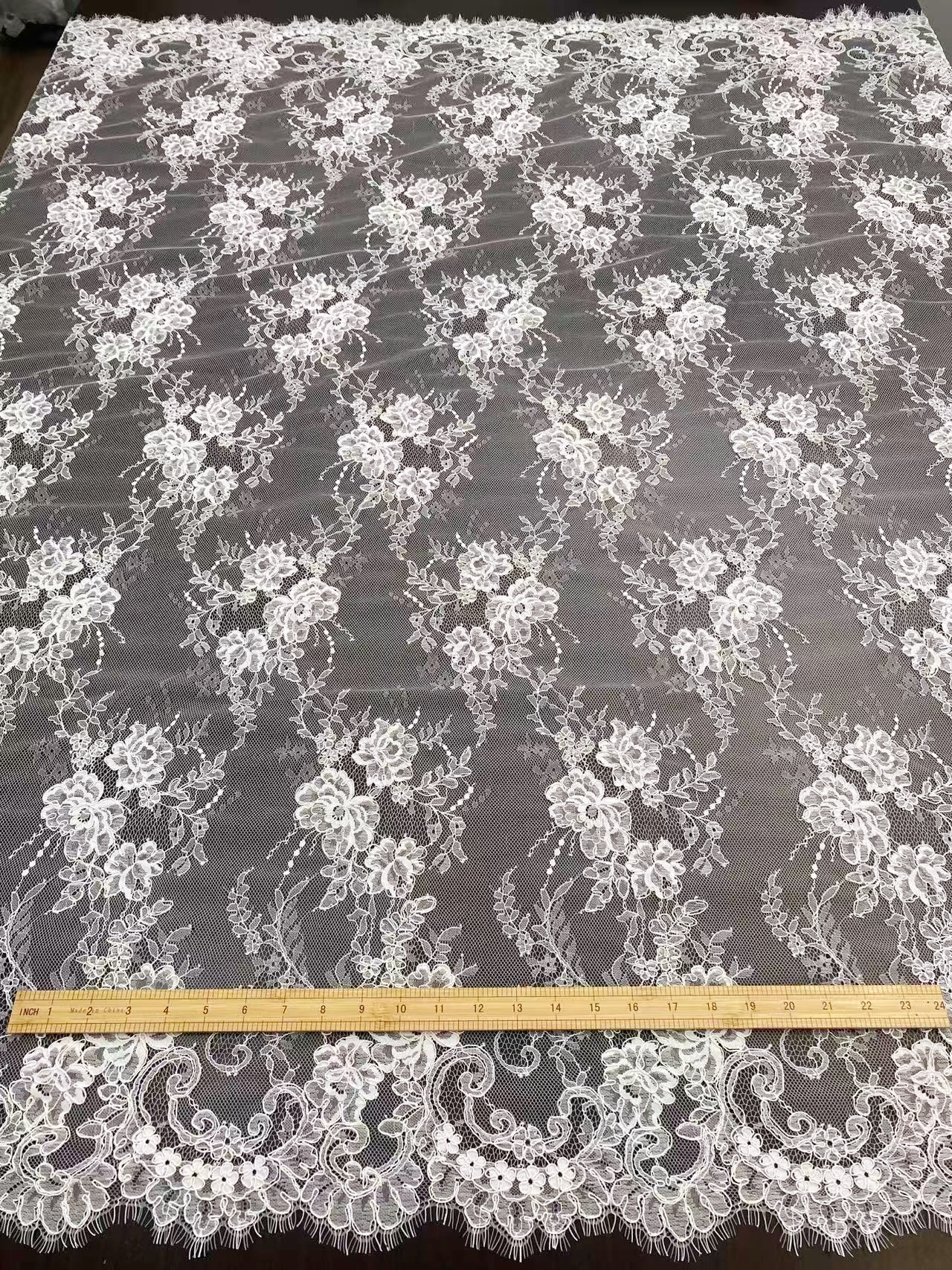 Off White Corded French Chantilly Lace,Floral Eyelash Scalloped Wedding Lace Fabric for Wedding Bridal Dresses, Veil, Gowns,Sold by 3 Meters