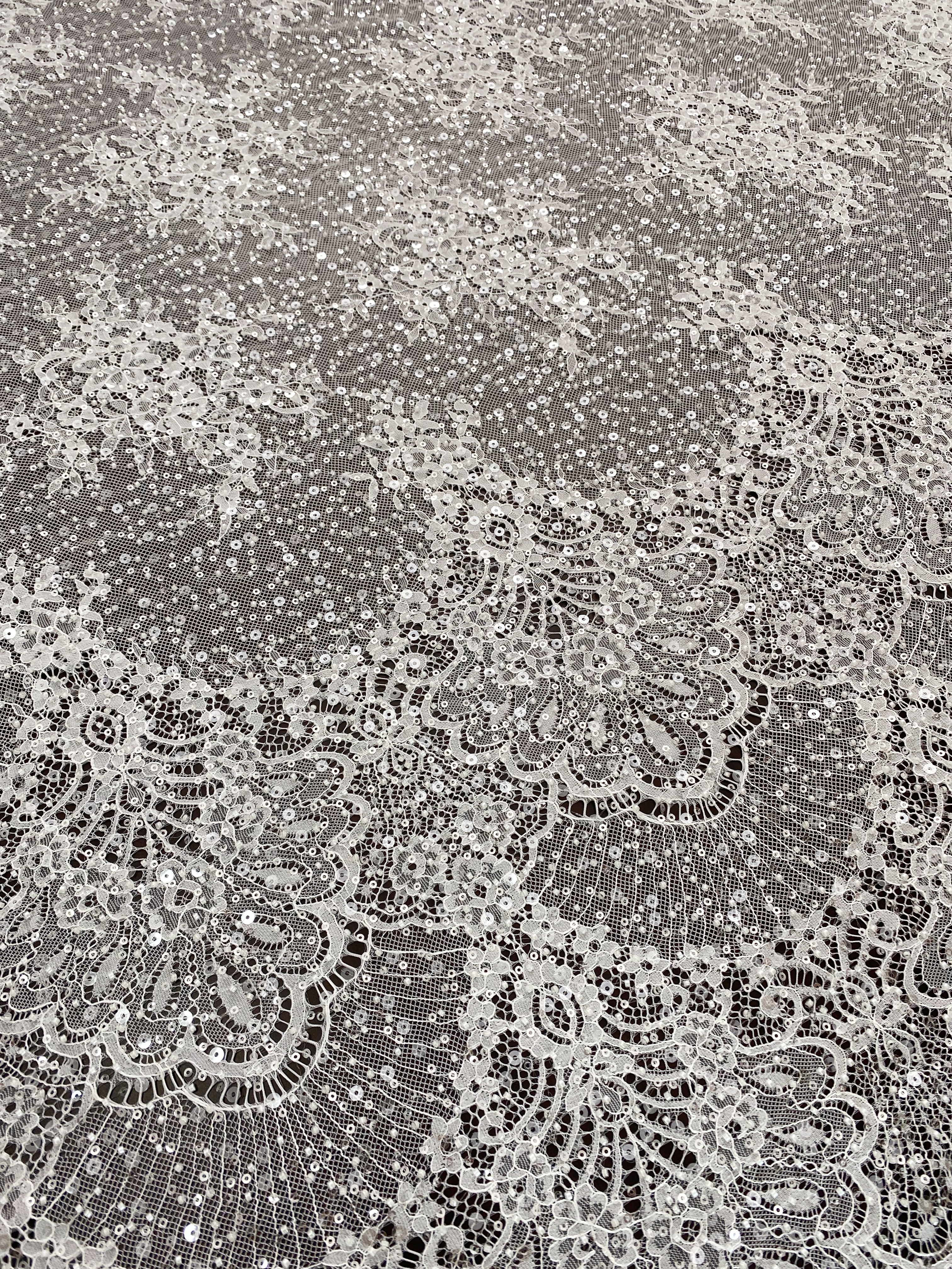 Beaded Chantilly Lace Fabric with Sequins, Floral Eyelash Lace for Bridal Dress Gown Veil,Double Scalloped Wedding Lace Material by 3 Meters