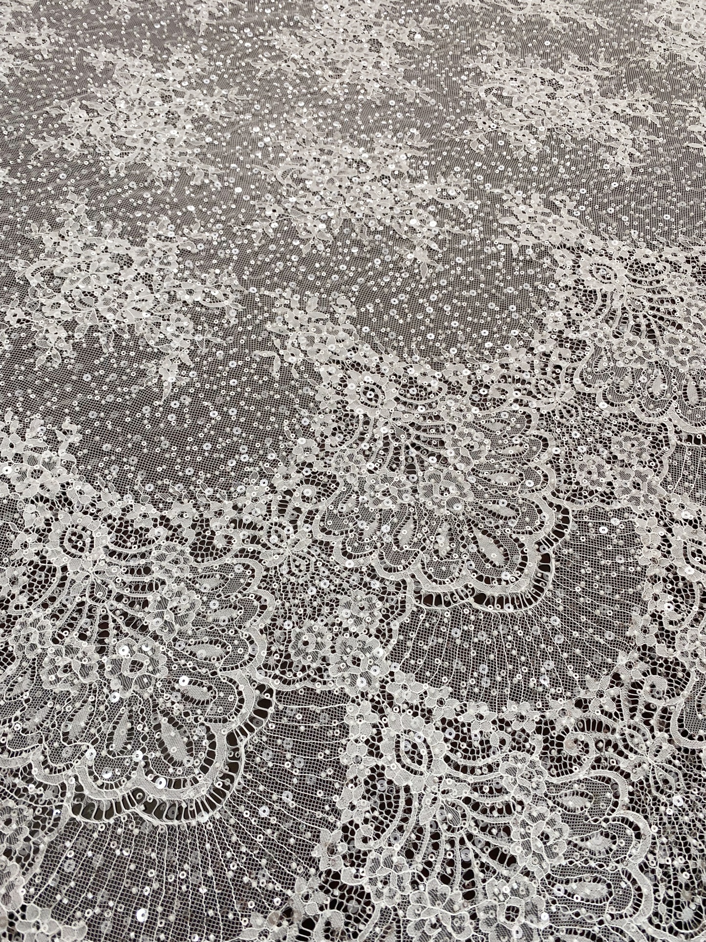 Beaded Chantilly Lace Fabric with Sequins, Floral Eyelash Lace for Bridal Dress Gown Veil,Double Scalloped Wedding Lace Material by 3 Meters