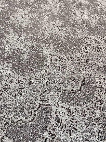 Beaded Chantilly Lace Fabric with Sequins, Floral Eyelash Lace for Bridal Dress Gown Veil,Double Scalloped Wedding Lace Material by 3 Meters