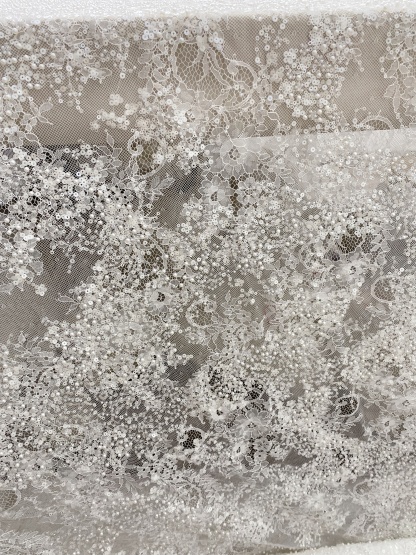 High Quality White Beaded Lace Fabric with Sequins, Embroidered Bridal Material for Dresses and Gowns, Houte Couture Fabric  