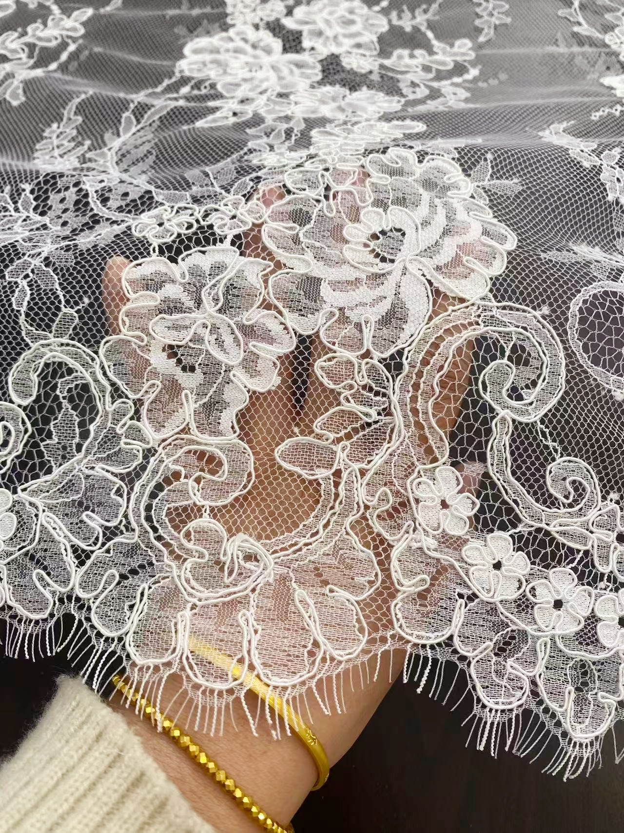 Off White Corded French Chantilly Lace,Floral Eyelash Scalloped Wedding Lace Fabric for Wedding Bridal Dresses, Veil, Gowns,Sold by 3 Meters