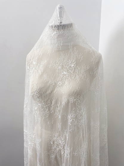 Off-White Chantilly Lace Fabric with Cord, Floral Trim Eyelash Edging, Floral Eyelash Lace, Bridal Dress Tull Fabric, 3 Meter Piece
