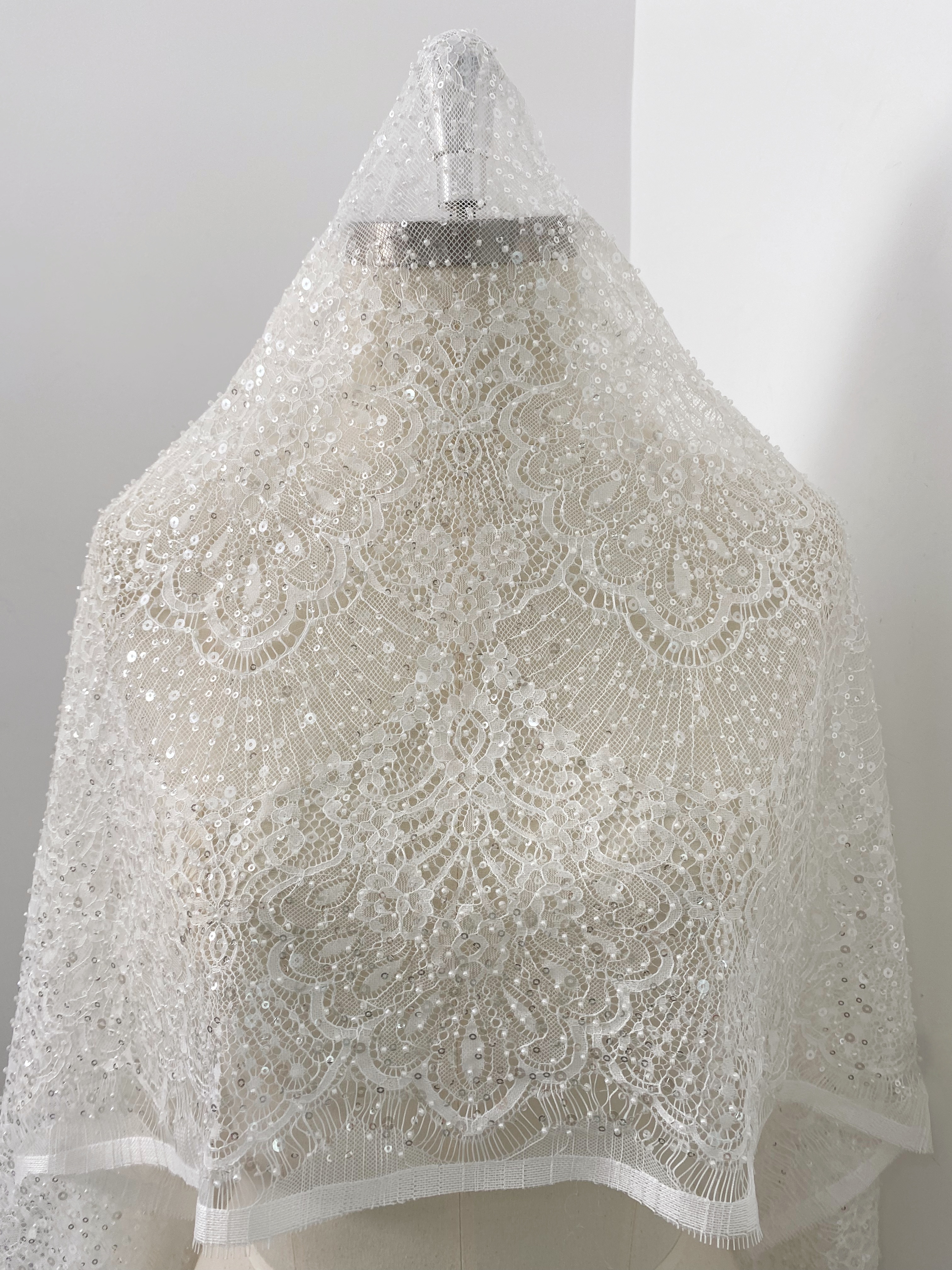 Beaded Chantilly Lace Fabric with Sequins, Floral Eyelash Lace for Bridal Dress Gown Veil,Double Scalloped Wedding Lace Material by 3 Meters