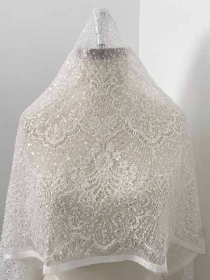 Beaded Chantilly Lace Fabric with Sequins, Floral Eyelash Lace for Bridal Dress Gown Veil,Double Scalloped Wedding Lace Material by 3 Meters