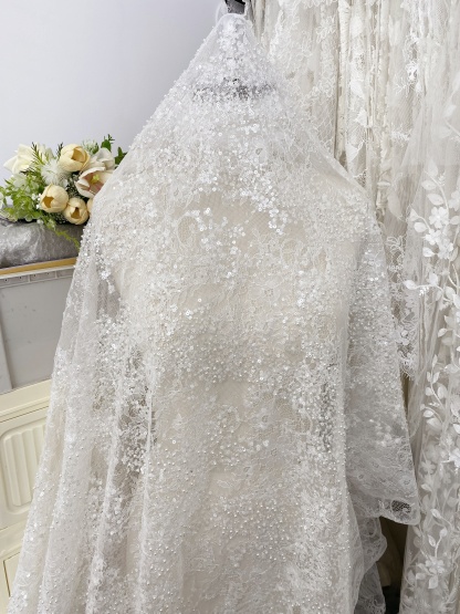 High Quality White Beaded Lace Fabric with Sequins, Embroidered Bridal Material for Dresses and Gowns, Houte Couture Fabric  
