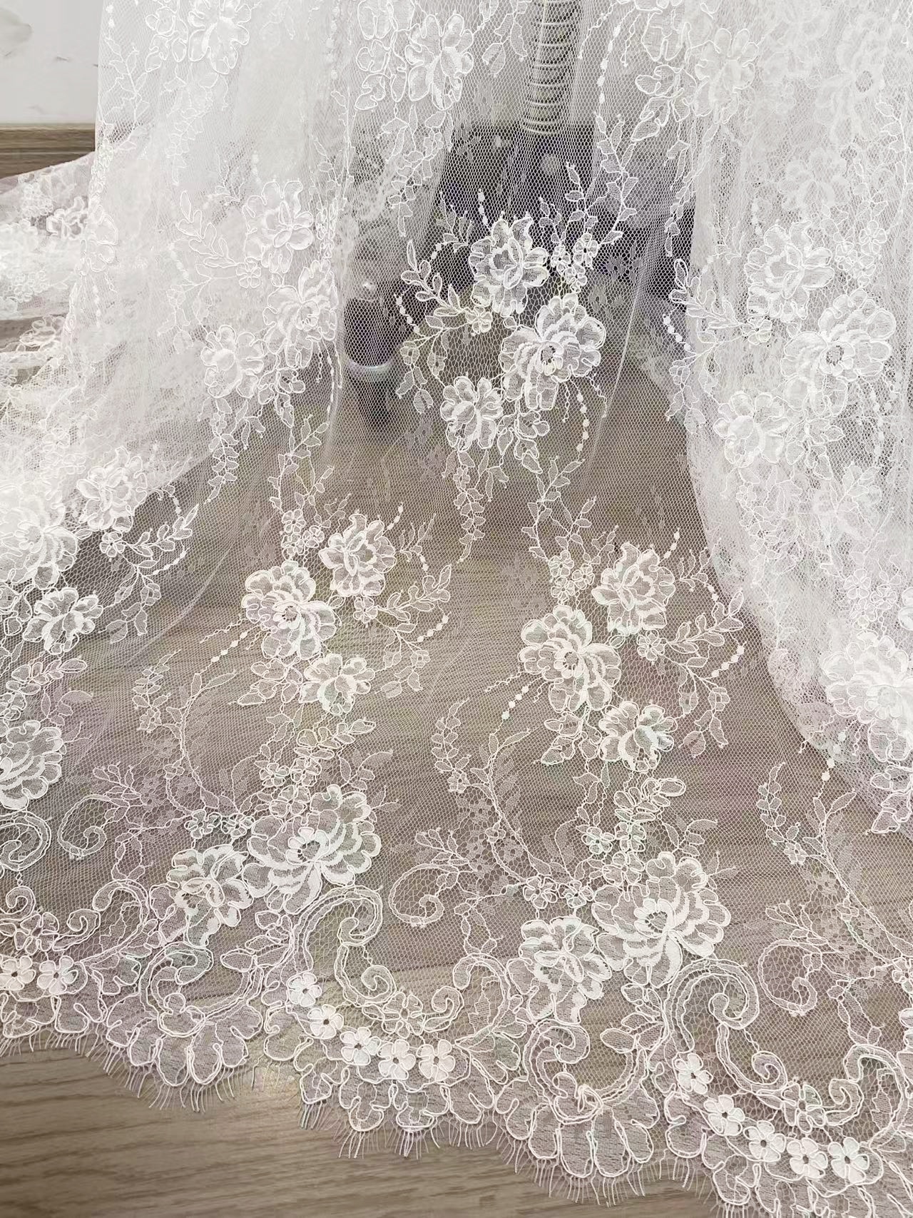 Off White Corded French Chantilly Lace,Floral Eyelash Scalloped Wedding Lace Fabric for Wedding Bridal Dresses, Veil, Gowns,Sold by 3 Meters