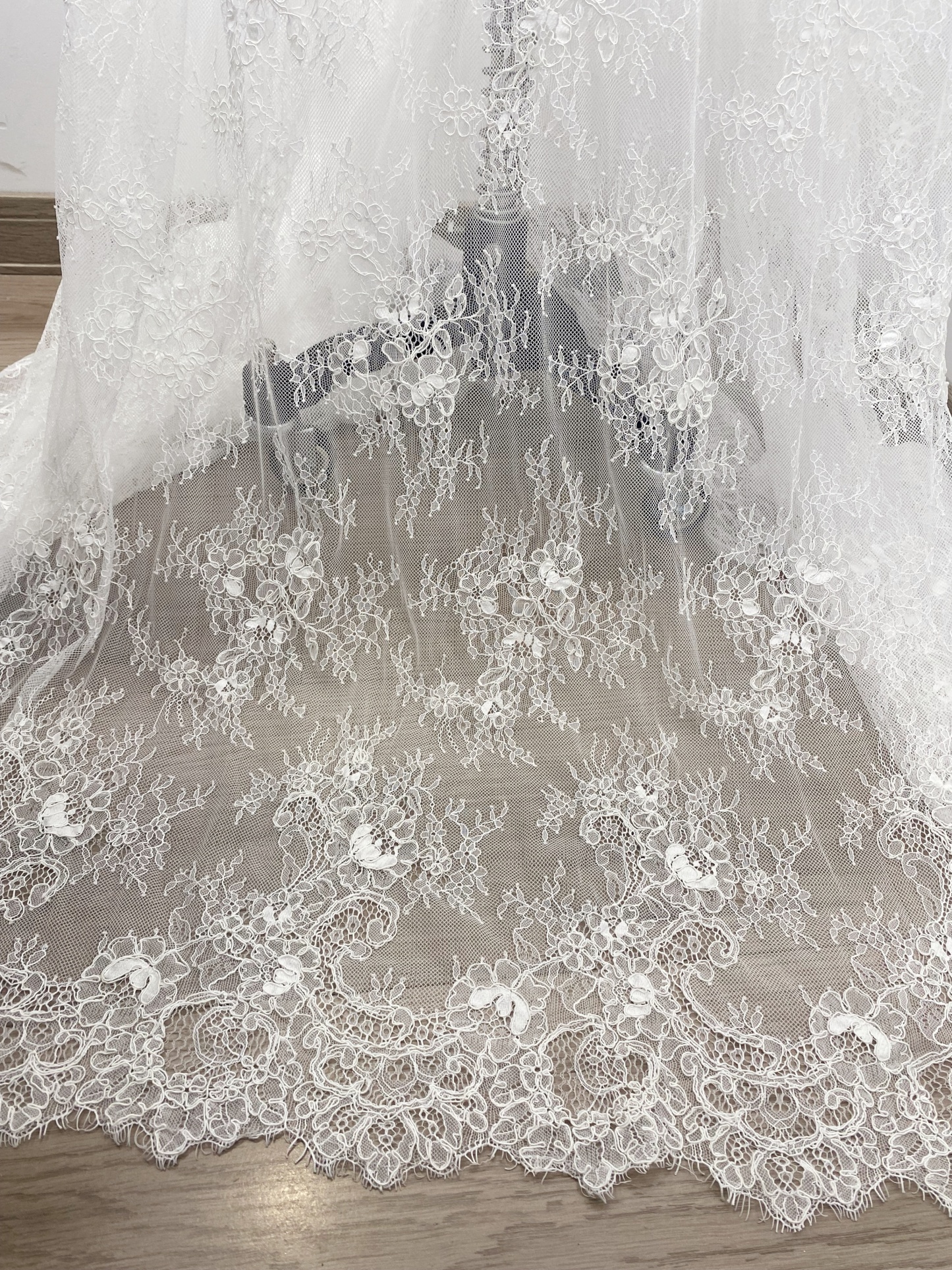 Off-White Chantilly Lace Fabric with Cord, Floral Trim Eyelash Edging, Floral Eyelash Lace, Bridal Dress Tull Fabric, 3 Meter Piece