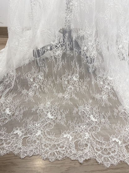 Off-White Chantilly Lace Fabric with Cord, Floral Trim Eyelash Edging, Floral Eyelash Lace, Bridal Dress Tull Fabric, 3 Meter Piece