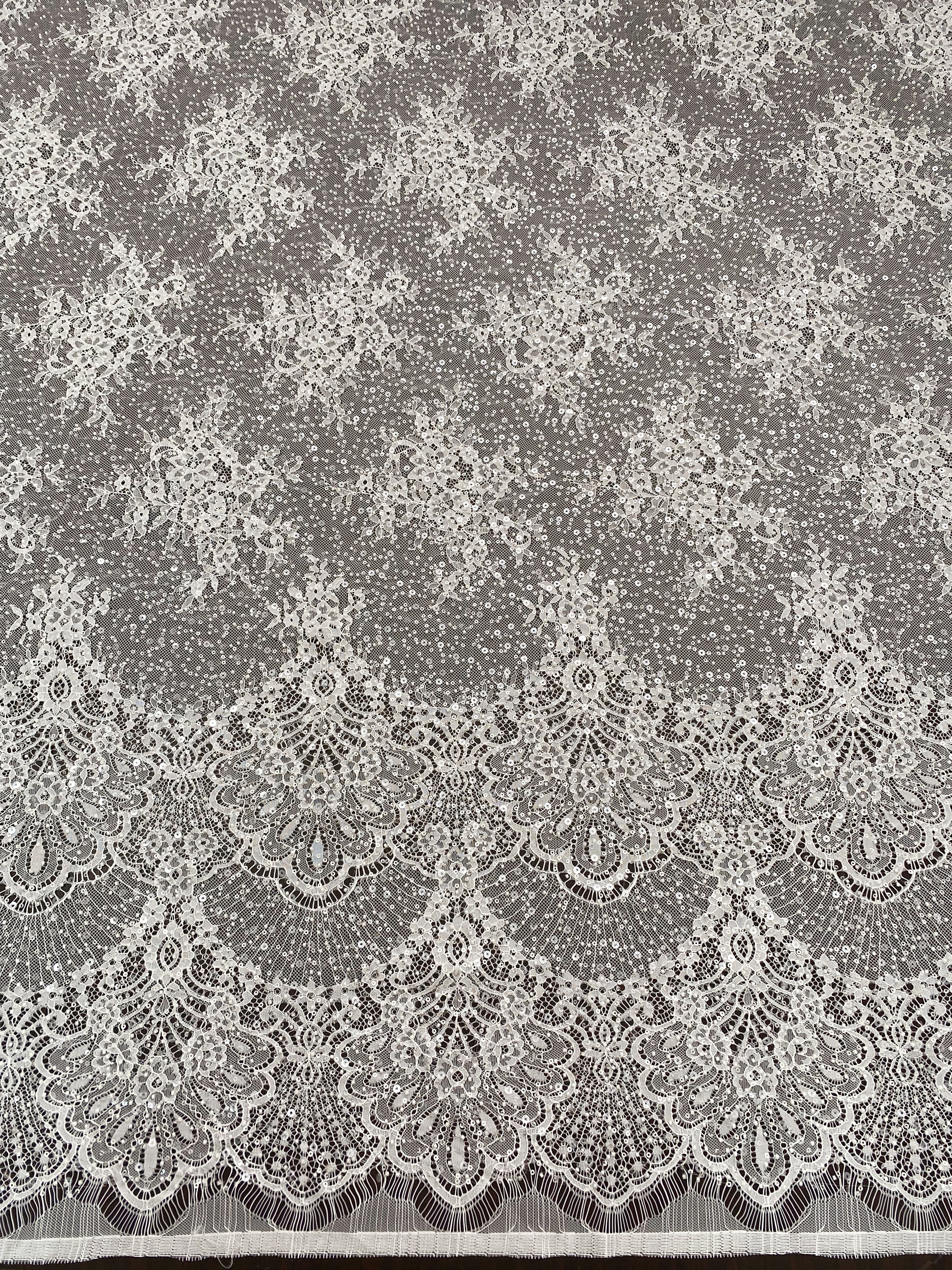 Beaded Chantilly Lace Fabric with Sequins, Floral Eyelash Lace for Bridal Dress Gown Veil,Double Scalloped Wedding Lace Material by 3 Meters